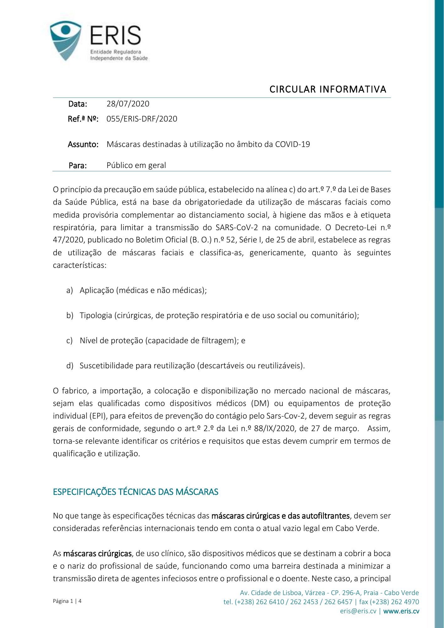 Circular Informativa Ref.ª n.º 055/ERIS-DRF/2020, de 28 de julho — official PDF page 1; original table columns, symbols and diagram connections