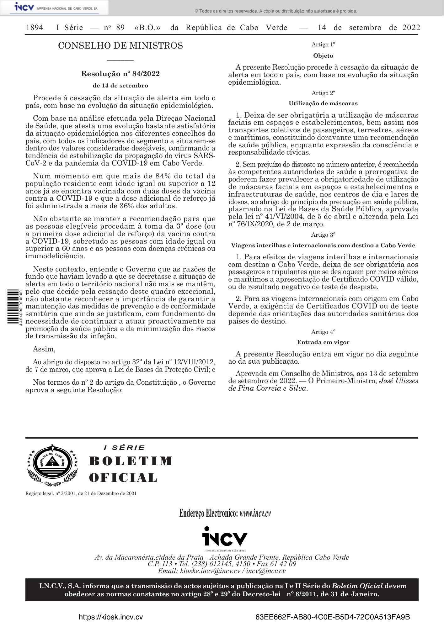 Resolução n.º 84/2022, de 14 de setembro — official PDF page 2; original table columns, symbols and diagram connections