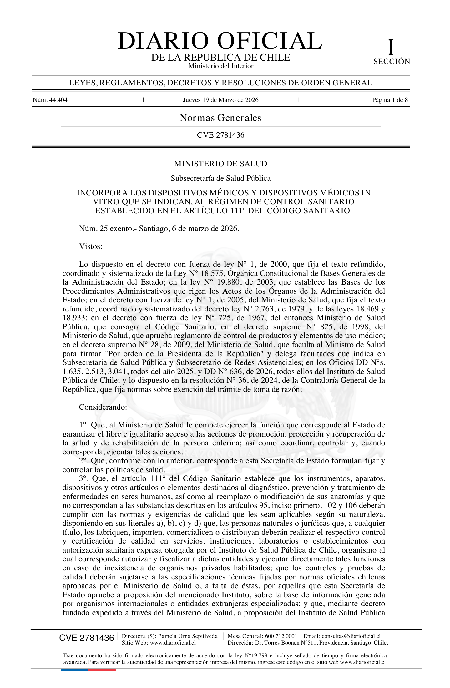 Decreto 25 Exento (2026) — complete official source physical page 1 of 8; original page image governs.