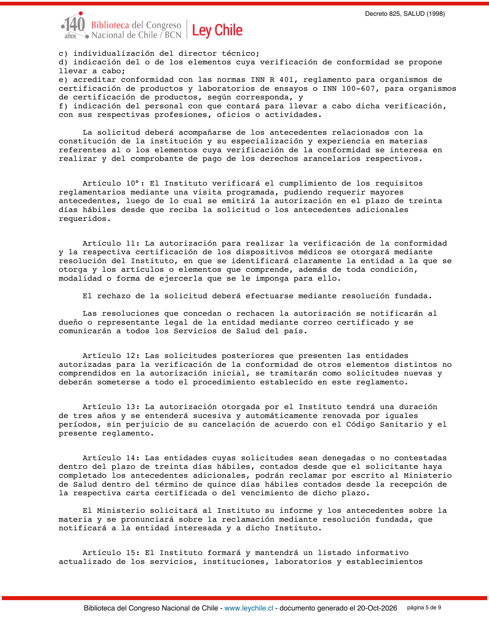 Decreto Supremo 825 (1998) — complete official source physical page 5 of 9; original page image governs.