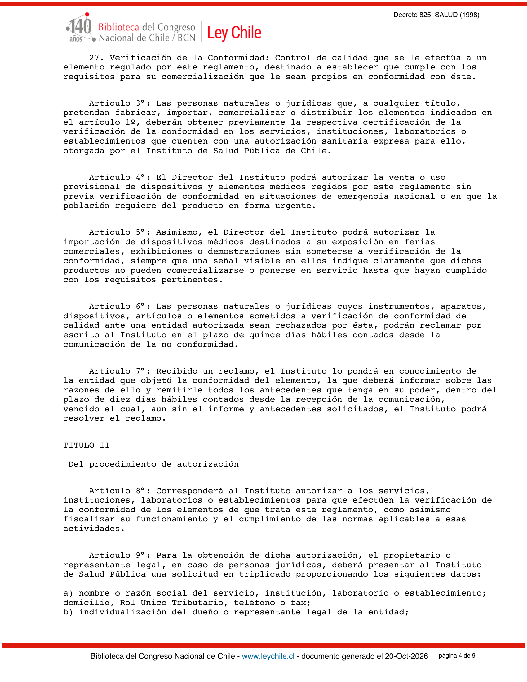 Decreto Supremo 825 (1998) — complete official source physical page 4 of 9; original page image governs.