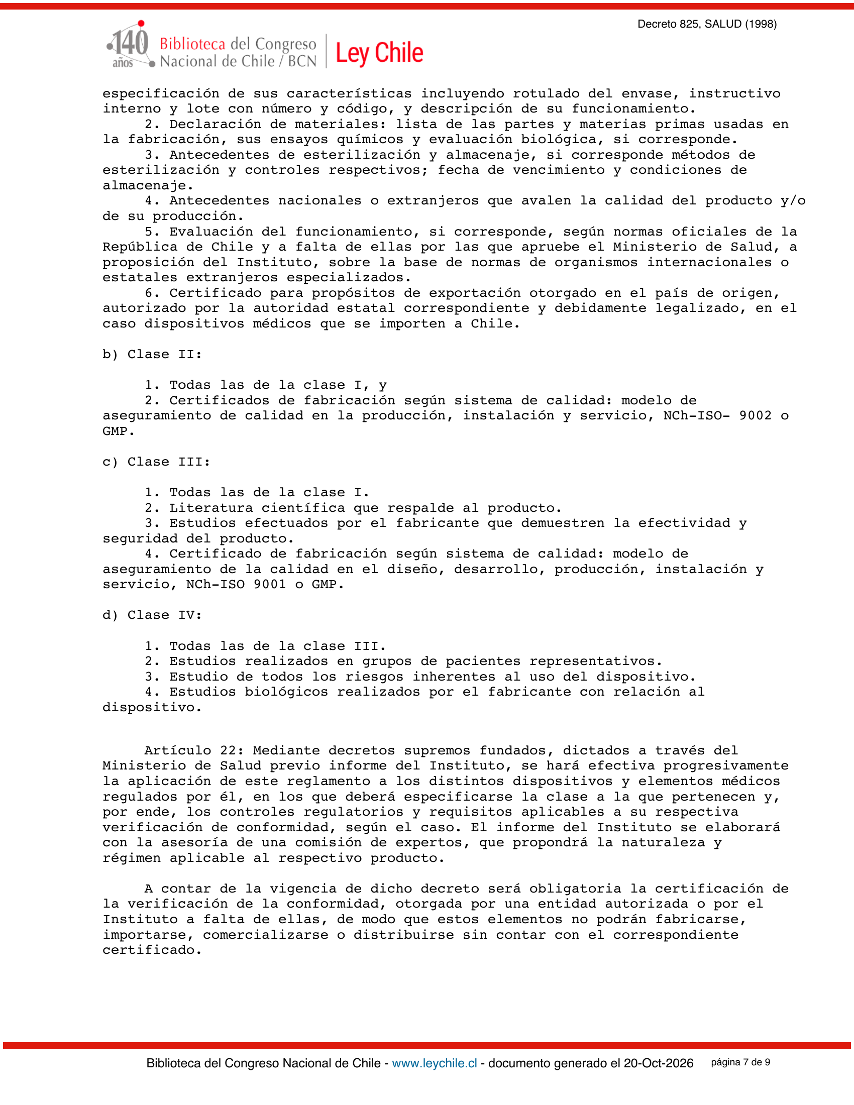 Decreto Supremo 825 (1998) — complete official source physical page 7 of 9; original page image governs.