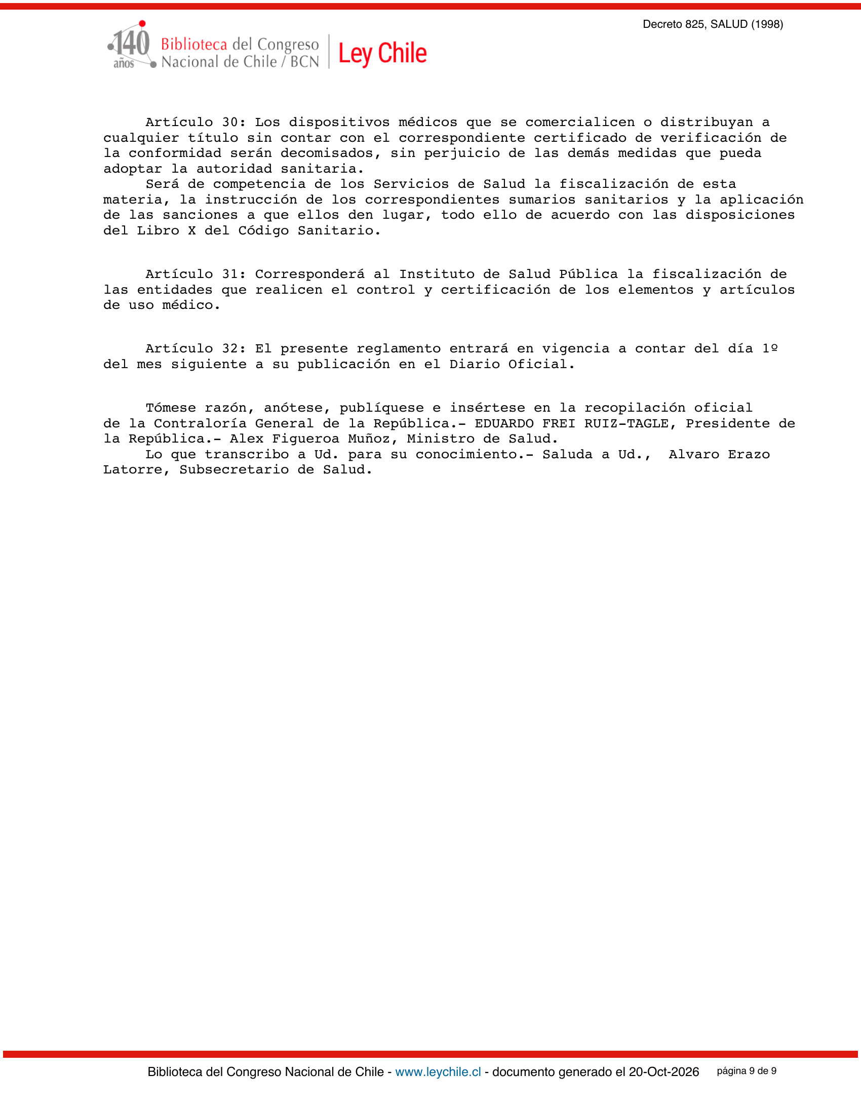 Decreto Supremo 825 (1998) — complete official source physical page 9 of 9; original page image governs.