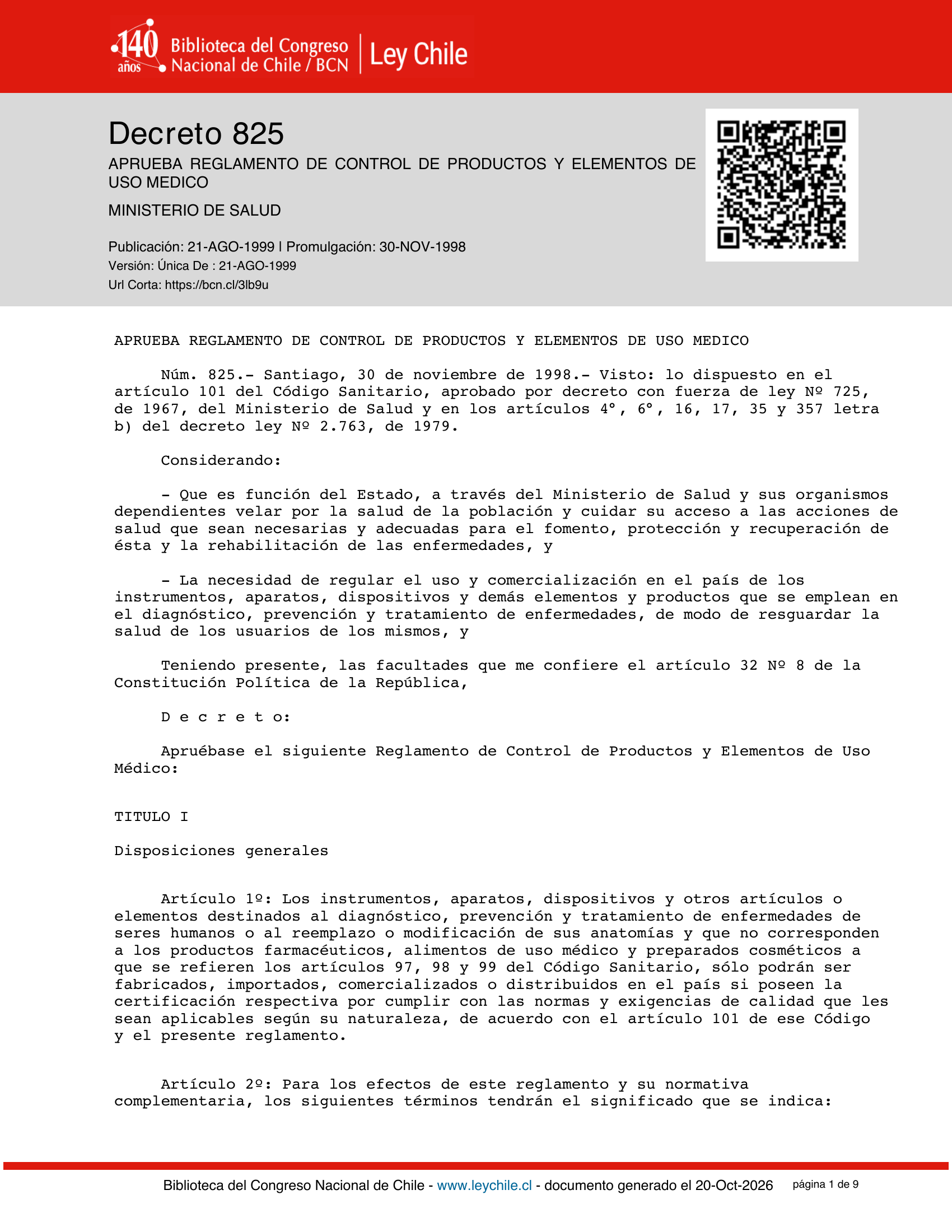 Decreto Supremo 825 (1998) — complete official source physical page 1 of 9; original page image governs.