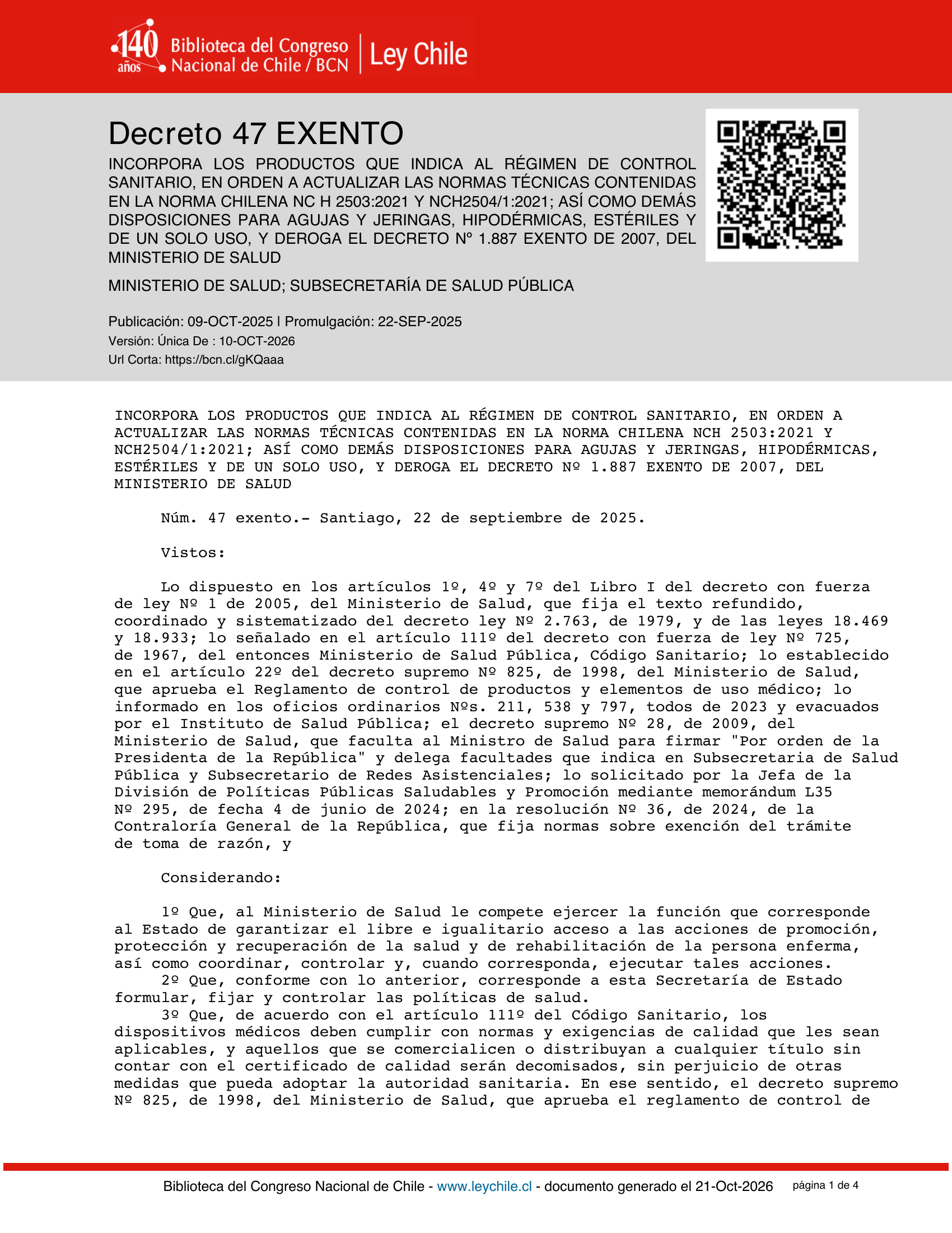 Decreto 47 Exento (2025) — complete official source physical page 1 of 4; original page image governs.