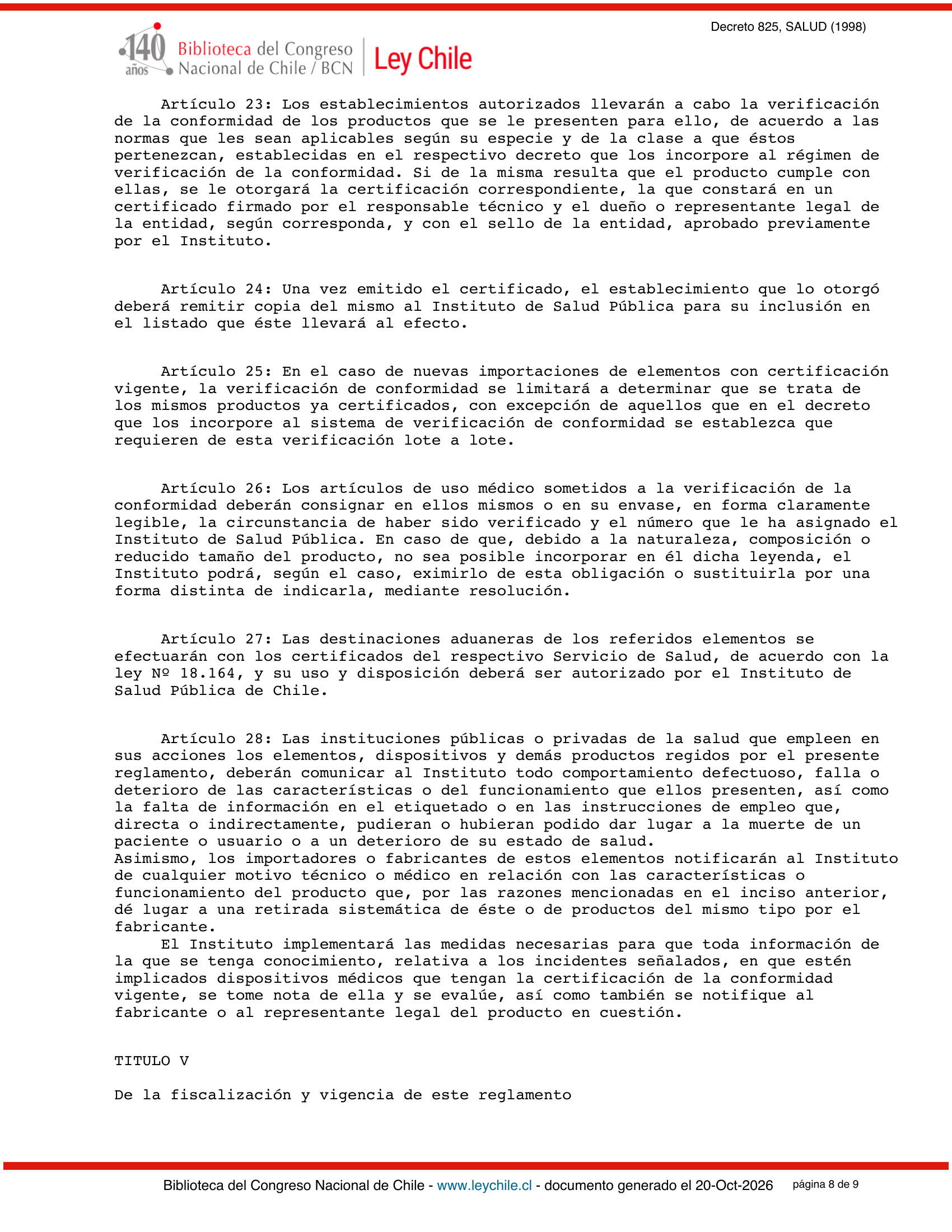 Decreto Supremo 825 (1998) — complete official source physical page 8 of 9; original page image governs.