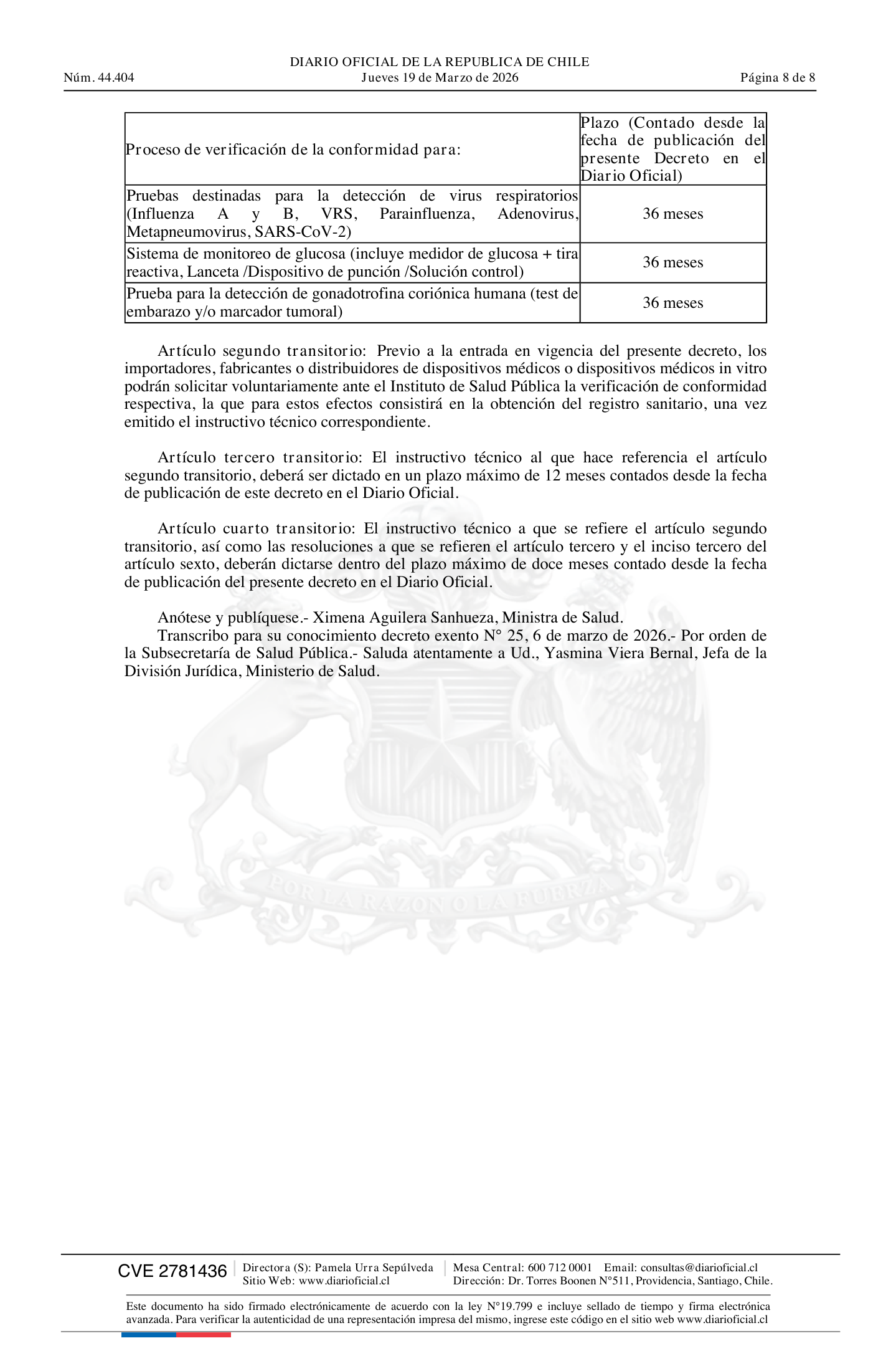 Decreto 25 Exento (2026) — complete official source physical page 8 of 8; original page image governs.