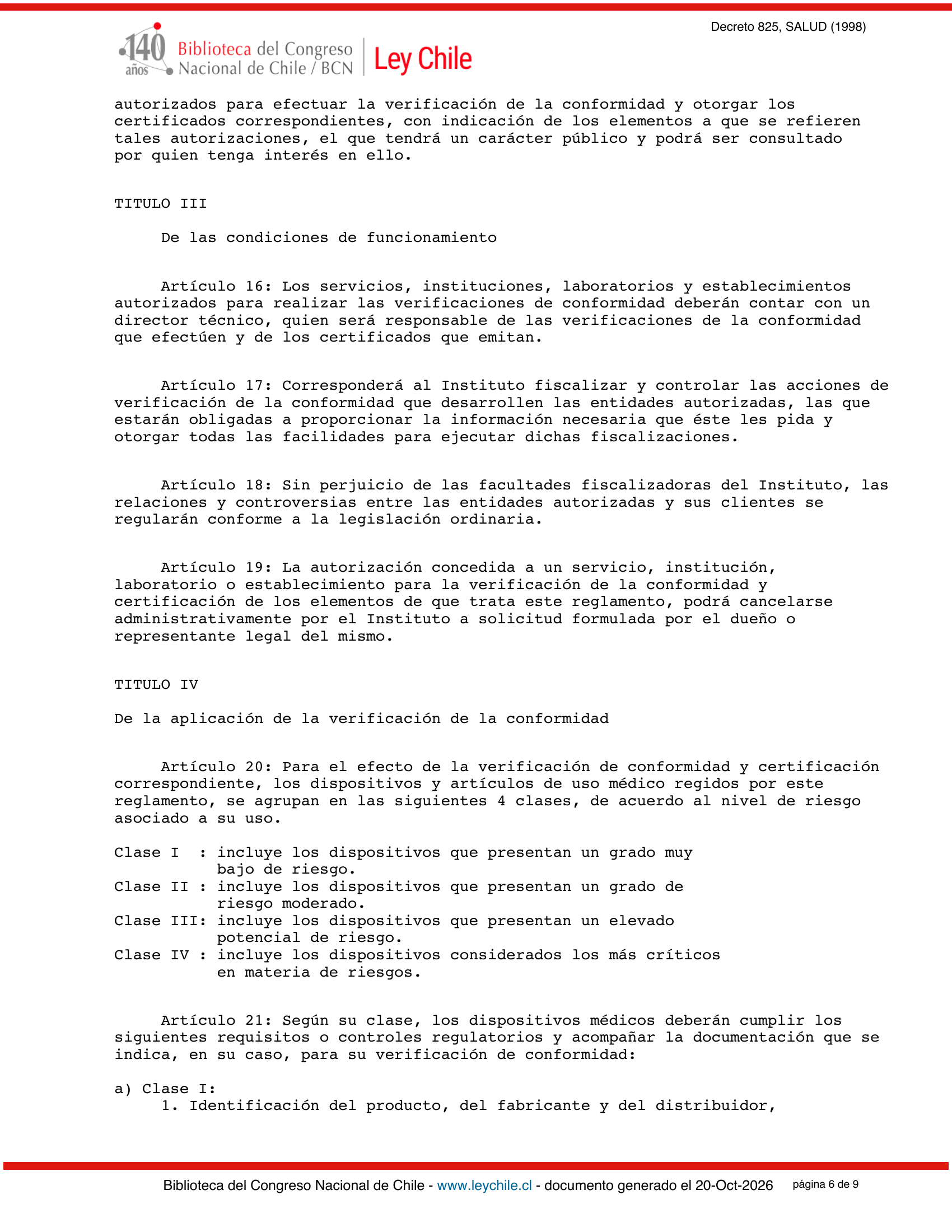 Decreto Supremo 825 (1998) — complete official source physical page 6 of 9; original page image governs.