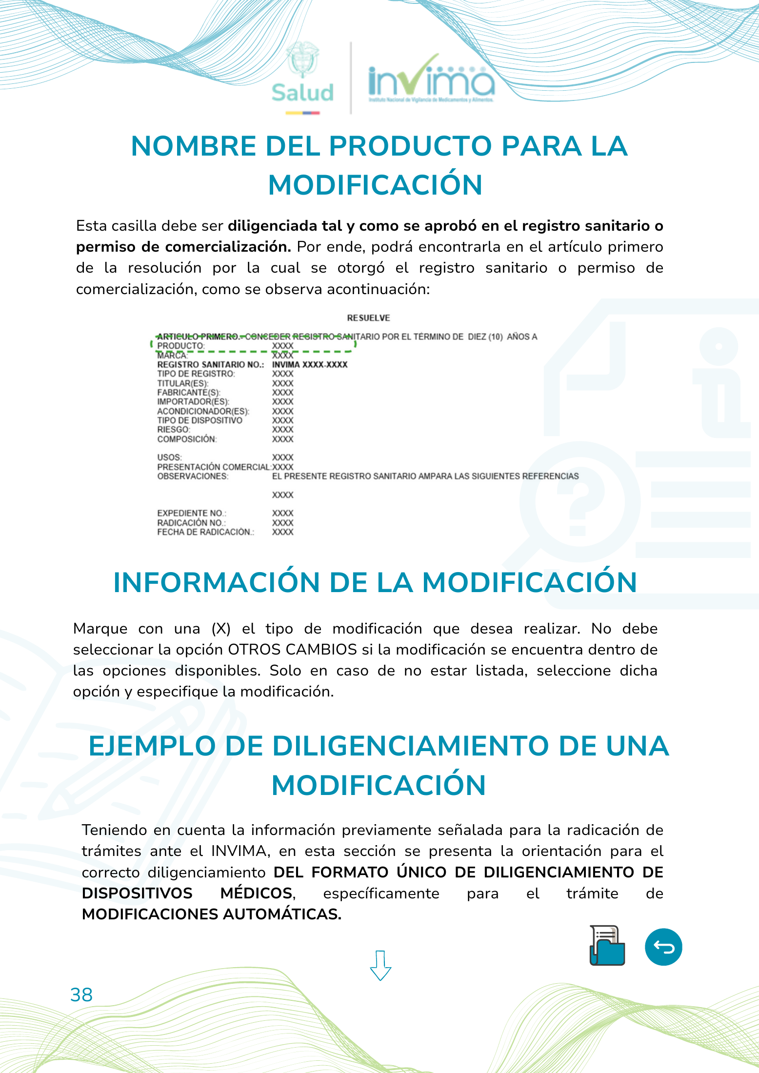 INVIMA device form-completion booklet (2025) — original complete physical PDF page 38; original image governs.
