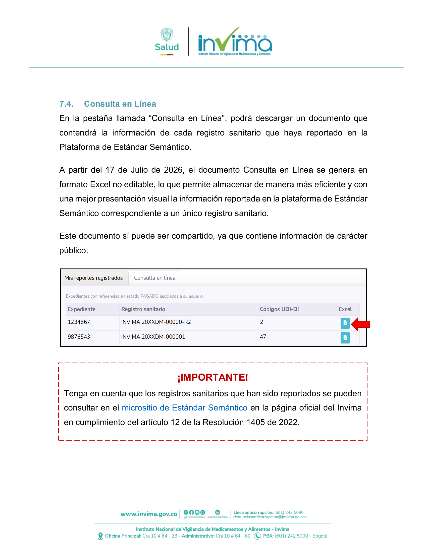 INVIMA semantic-standard reporting instructions V6 (July 2026) — original complete physical PDF page 50; original image governs.