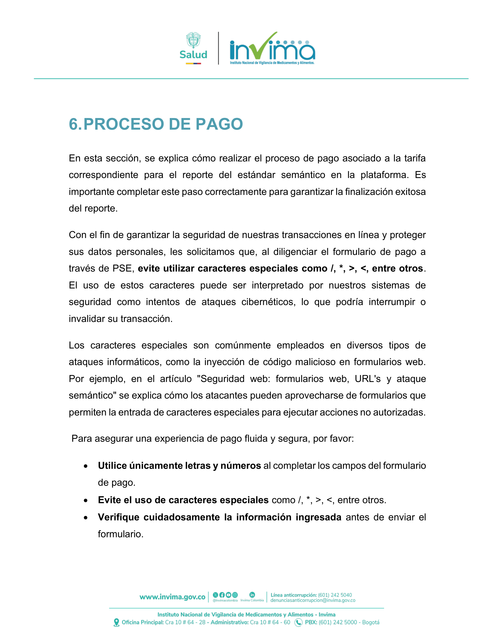 INVIMA semantic-standard reporting instructions V6 (July 2026) — original complete physical PDF page 42; original image governs.