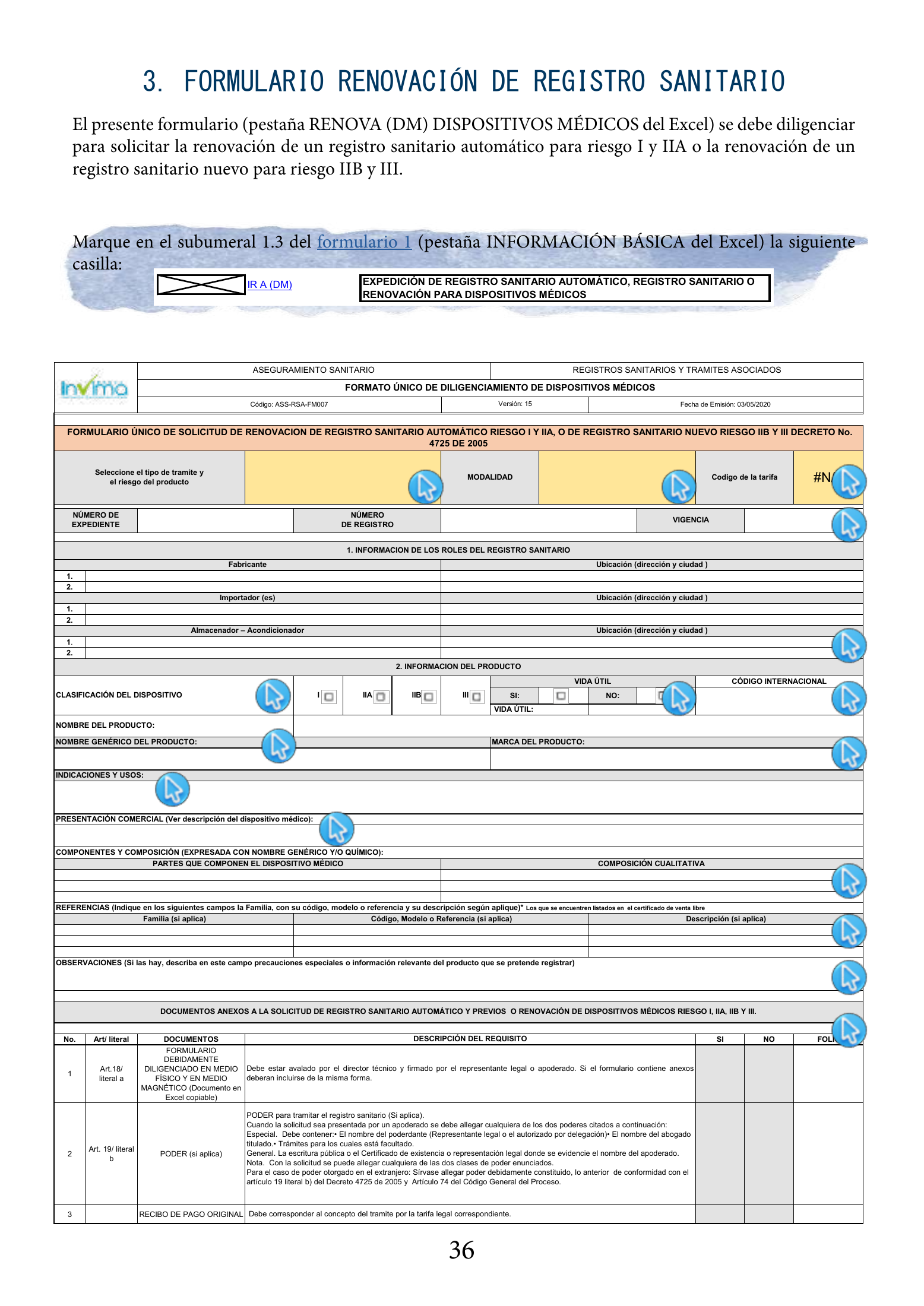 INVIMA 2022 device form-completion booklet — original complete physical PDF page 36; original image governs.