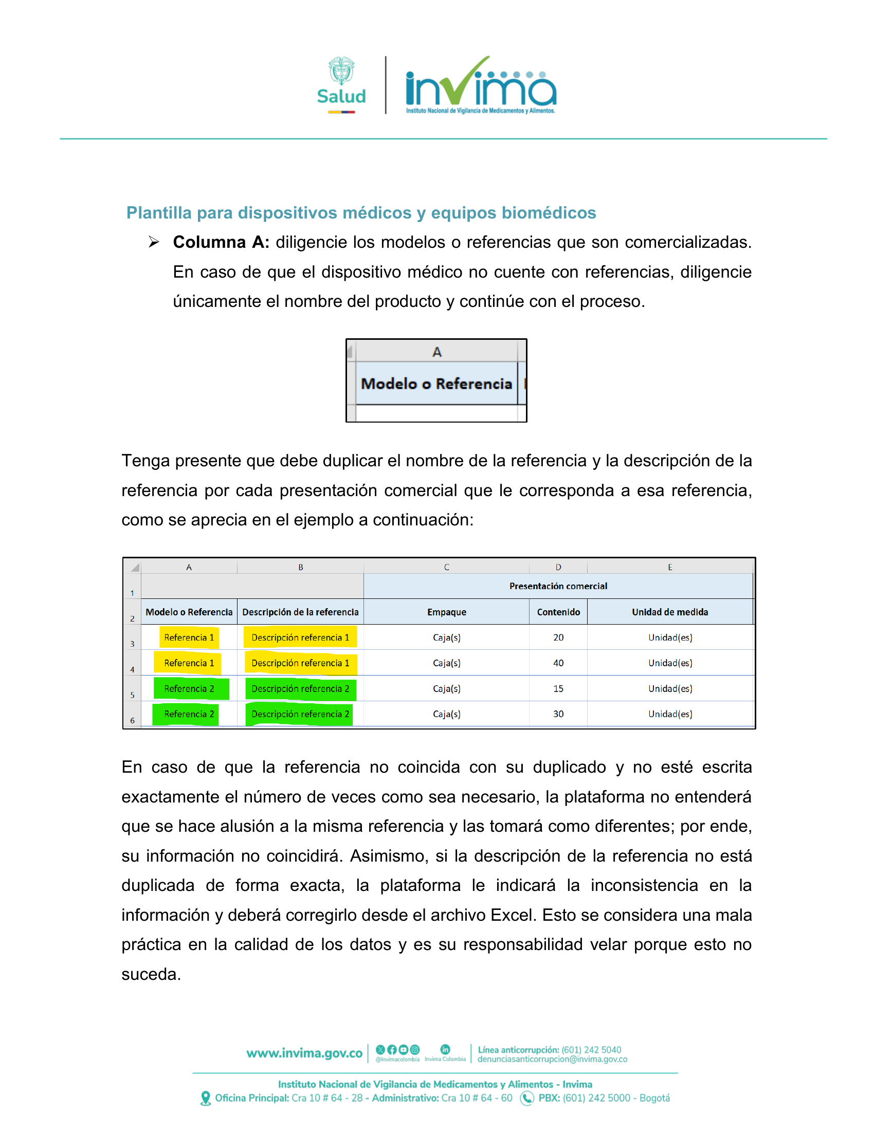 INVIMA semantic-standard reporting instructions V6 (July 2026) — original complete physical PDF page 28; original image governs.