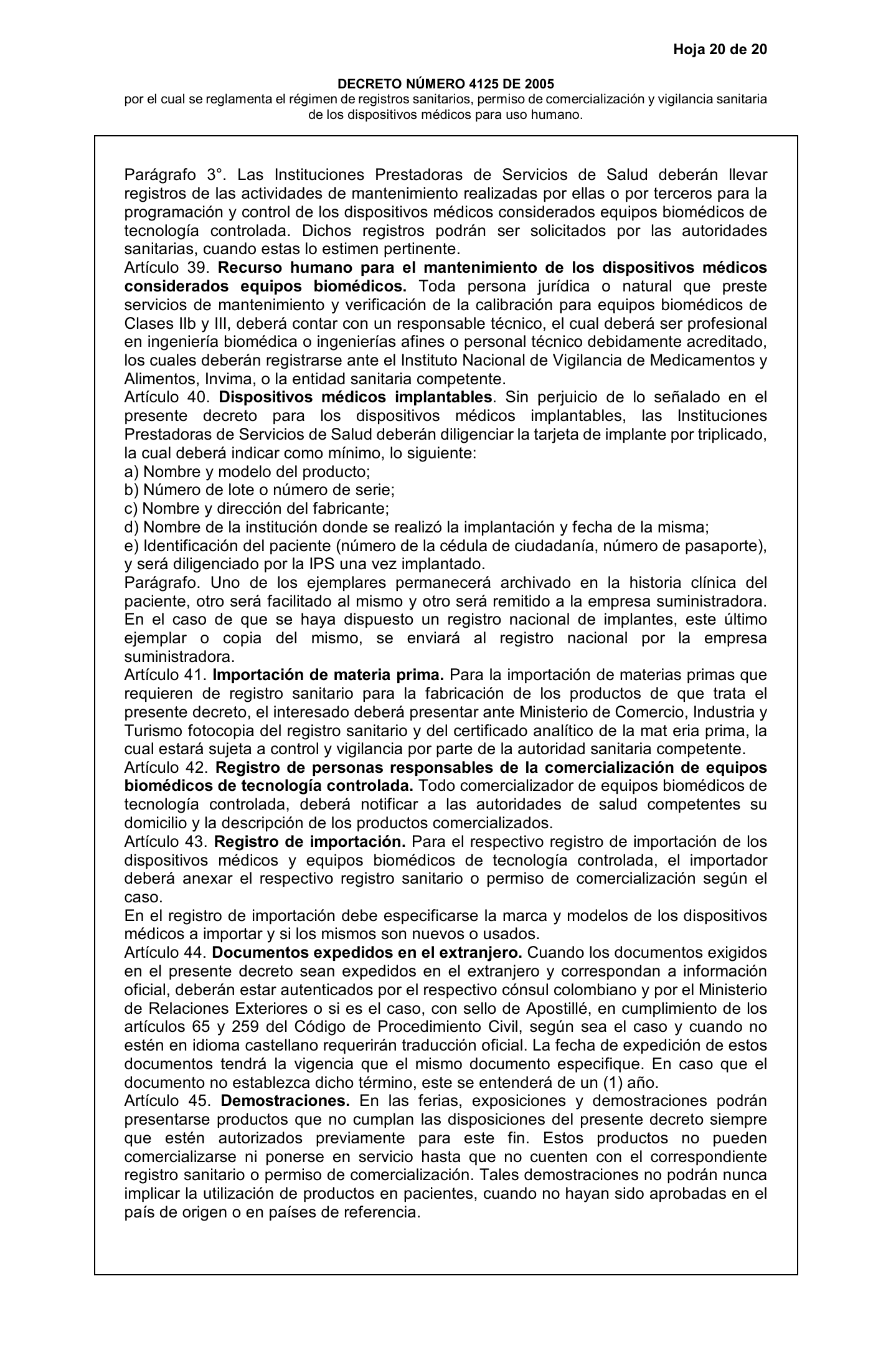 Decreto 4725/2005 — complete original expression — original complete physical PDF page 20; original image governs.