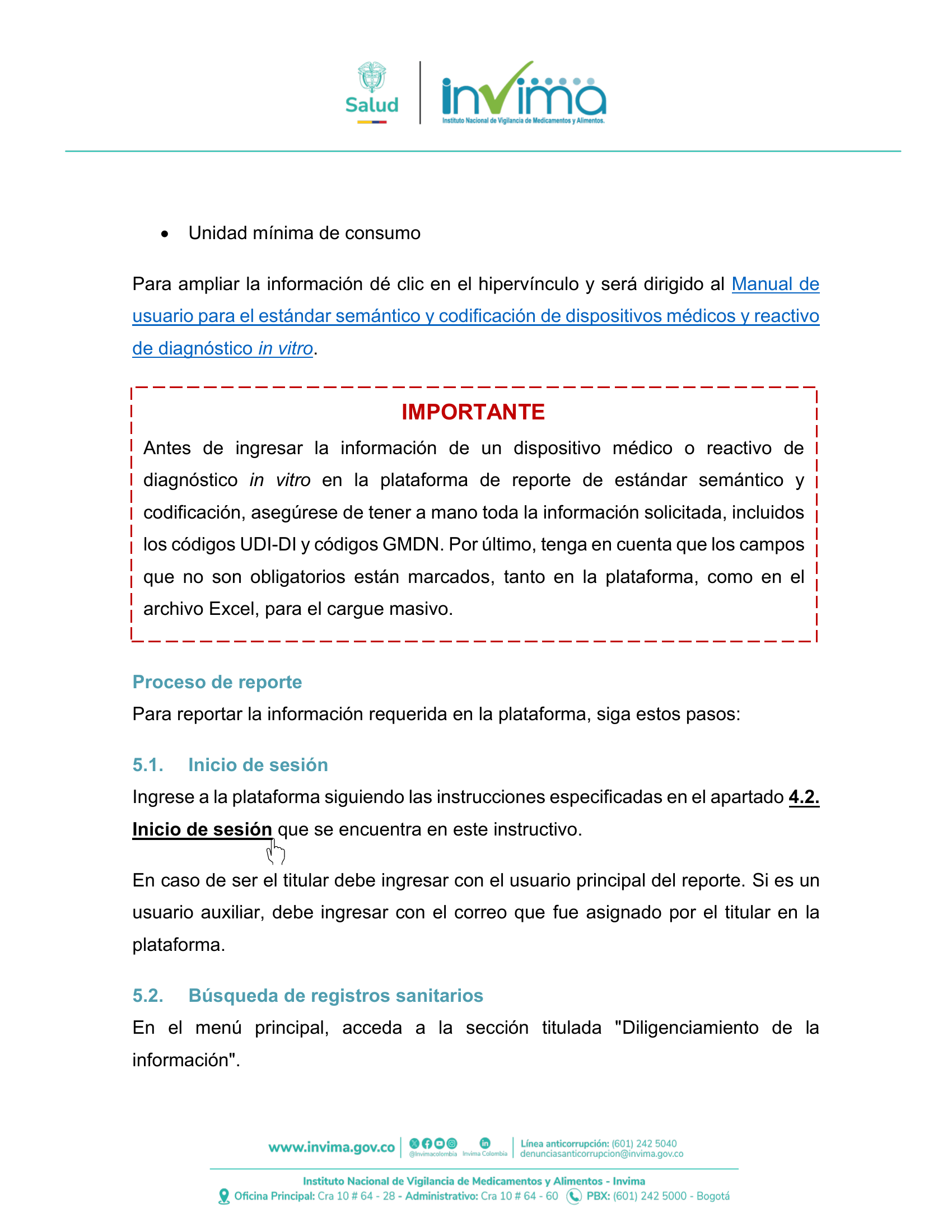 INVIMA semantic-standard reporting instructions V6 (July 2026) — original complete physical PDF page 23; original image governs.
