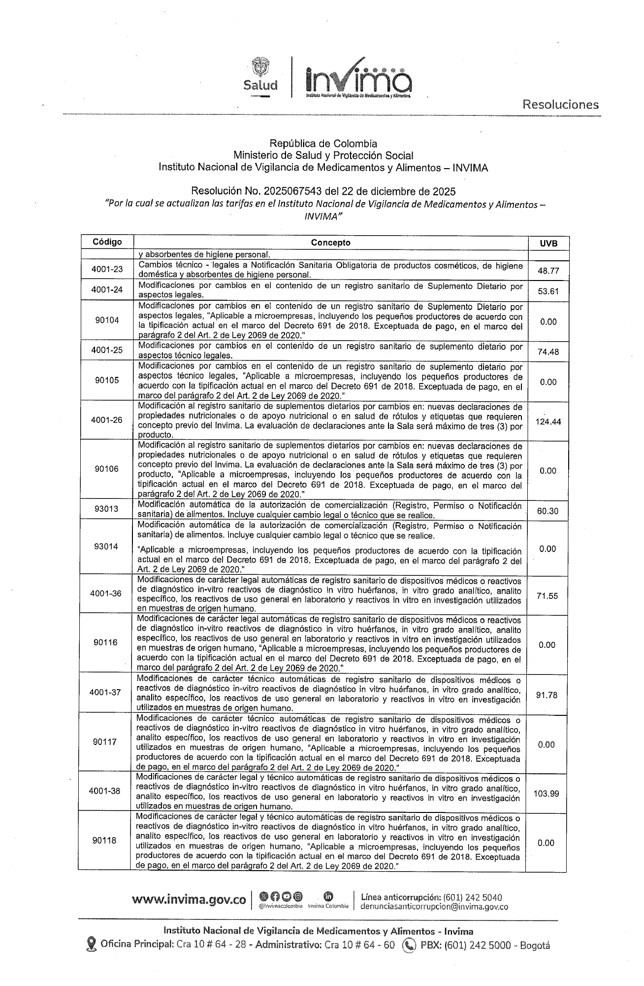Resolución 2025067543 — 2026 fees — original PDF page 35; original table columns, symbols and diagrams retained.