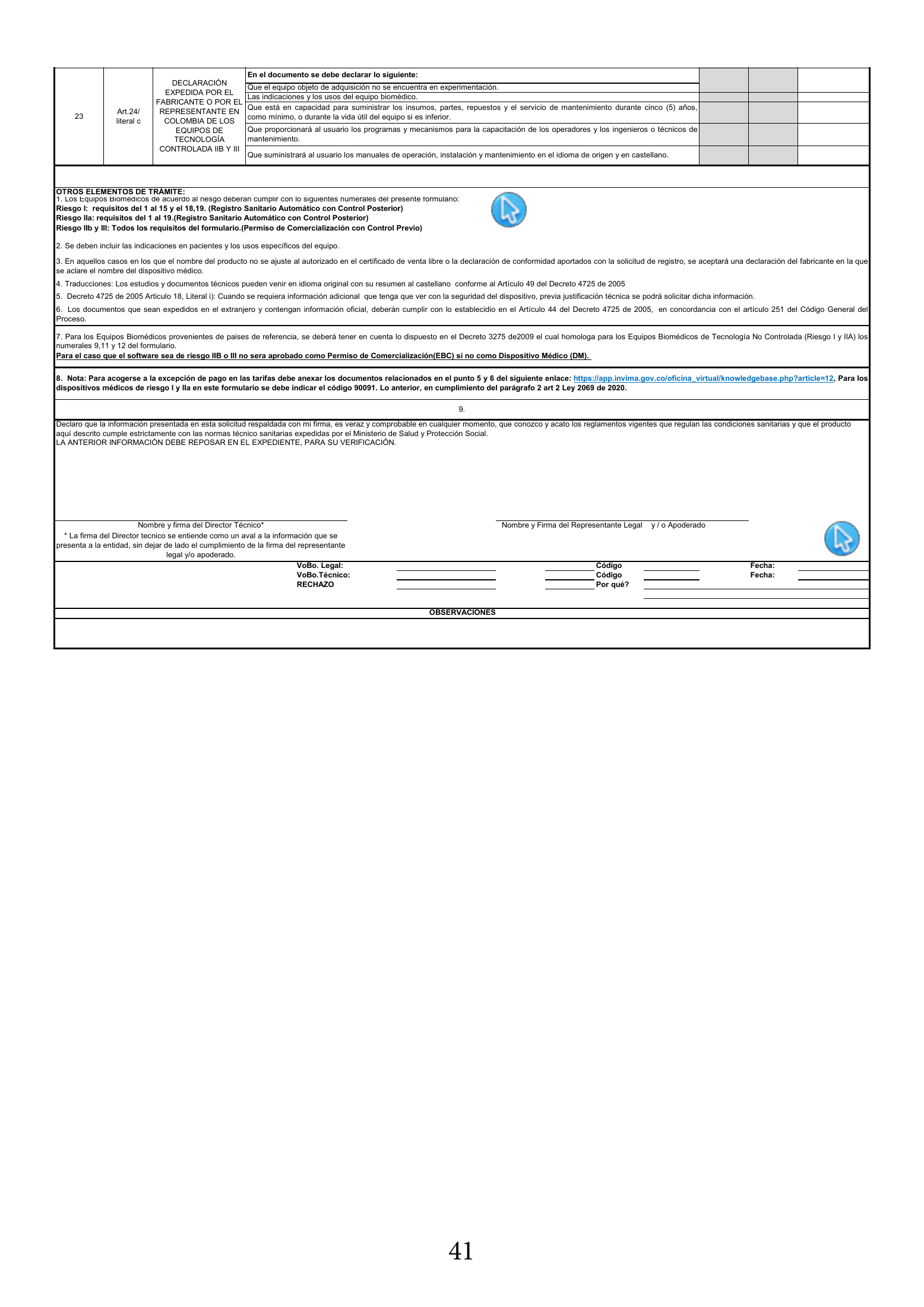 INVIMA 2022 device form-completion booklet — original complete physical PDF page 41; original image governs.
