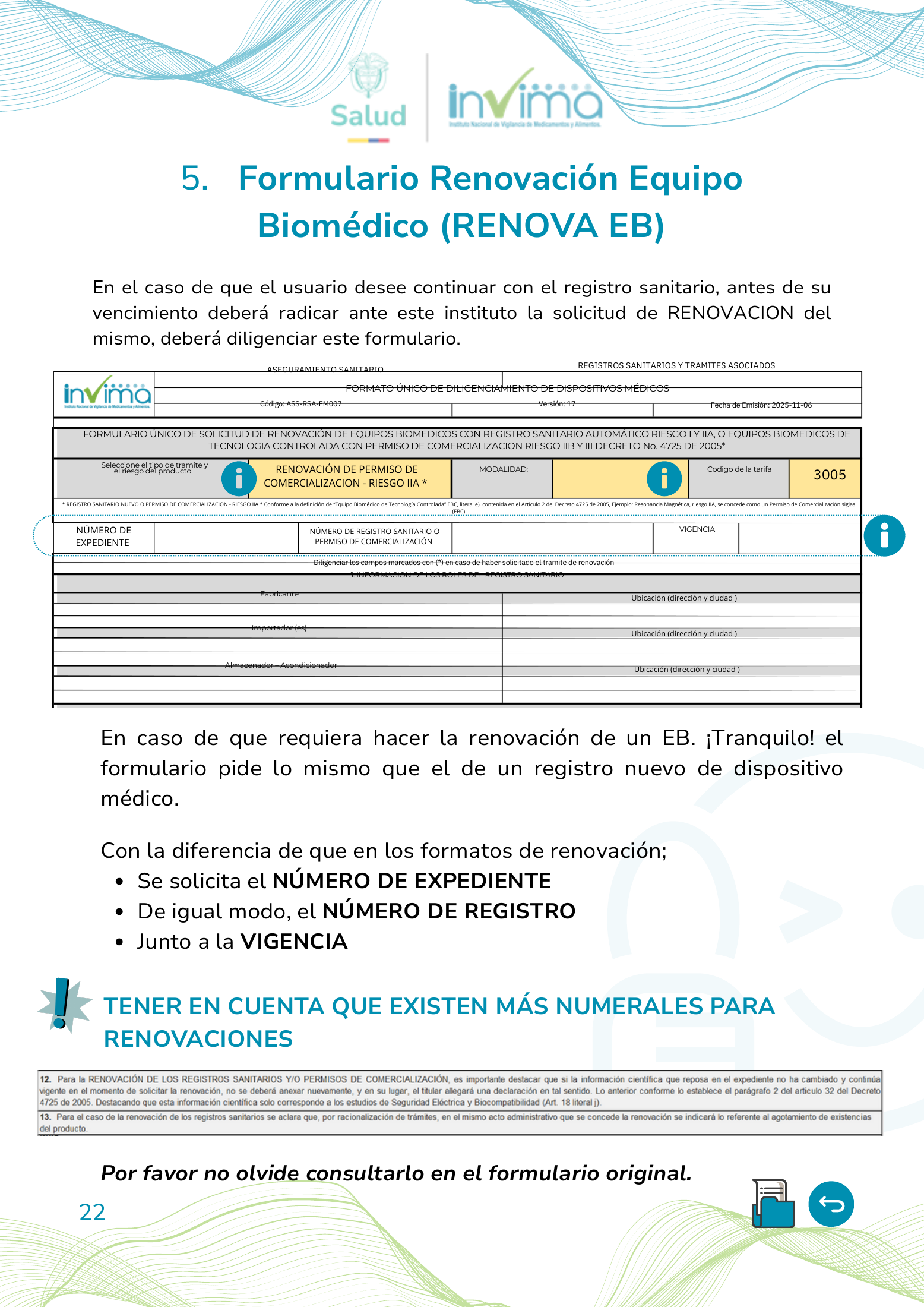 INVIMA device form-completion booklet (2025) — original complete physical PDF page 22; original image governs.