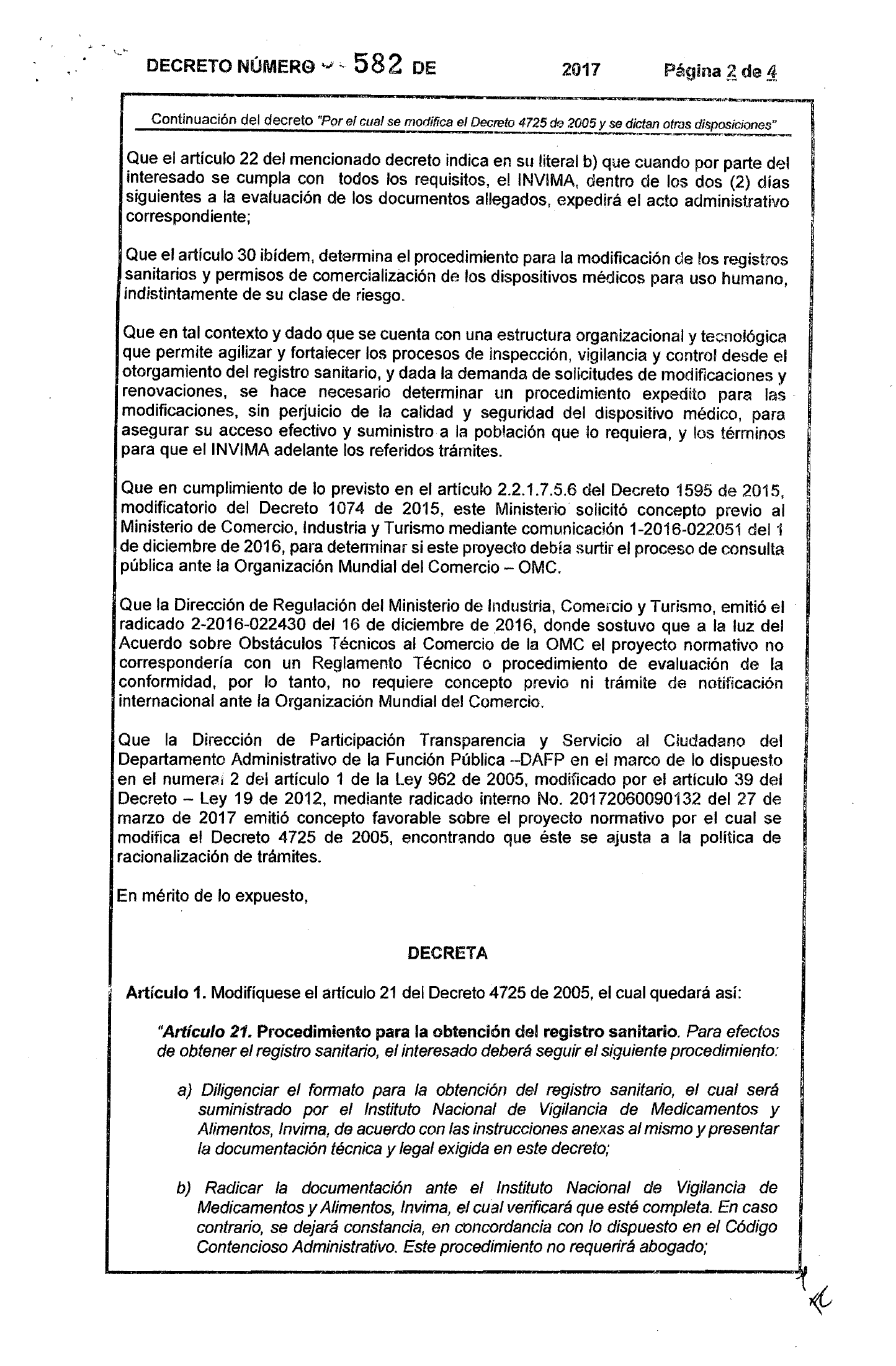 Decreto 582/2017 — original complete signed decree scan, physical page 2; original image governs.
