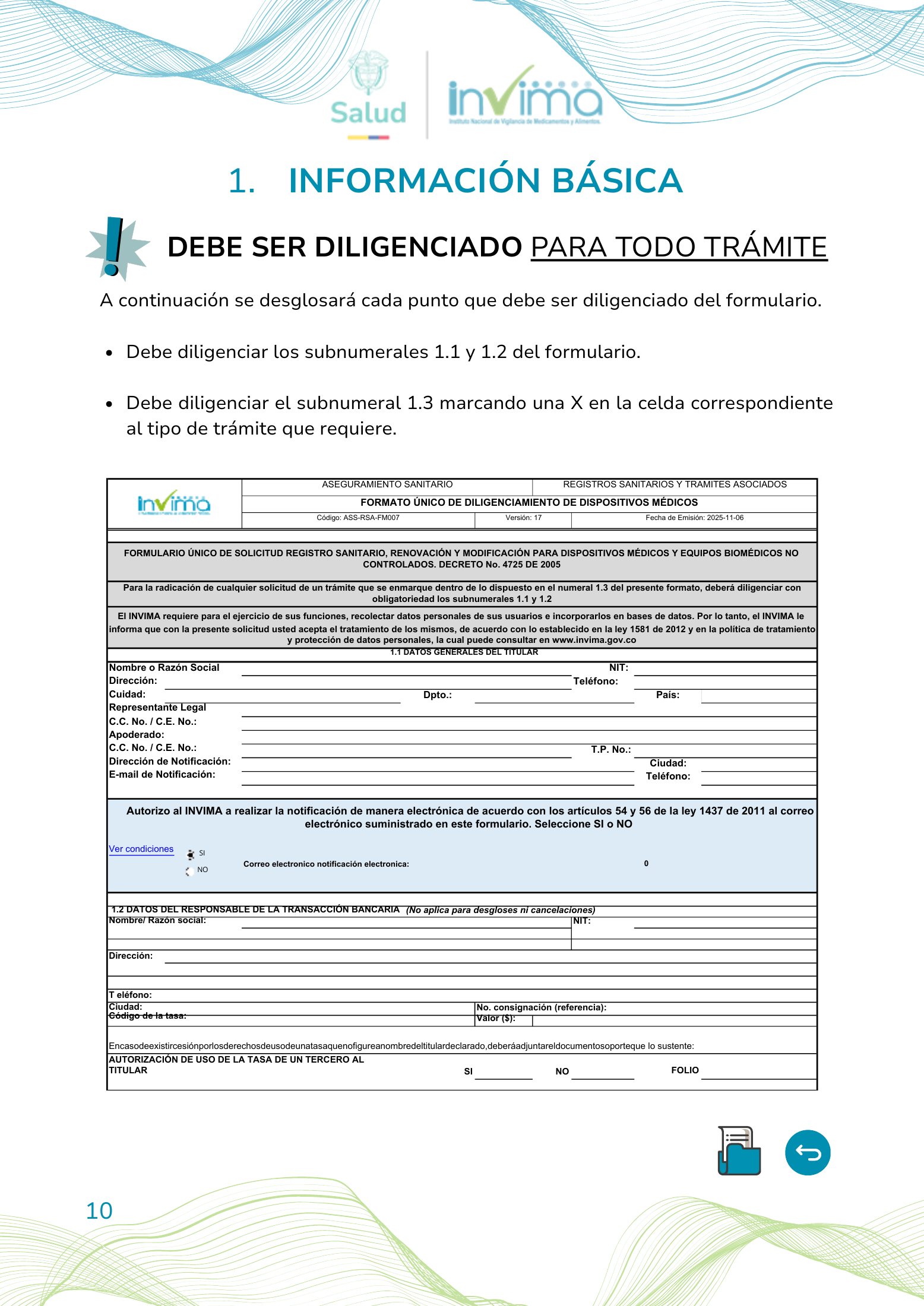 INVIMA device form-completion booklet (2025) — original complete physical PDF page 10; original image governs.