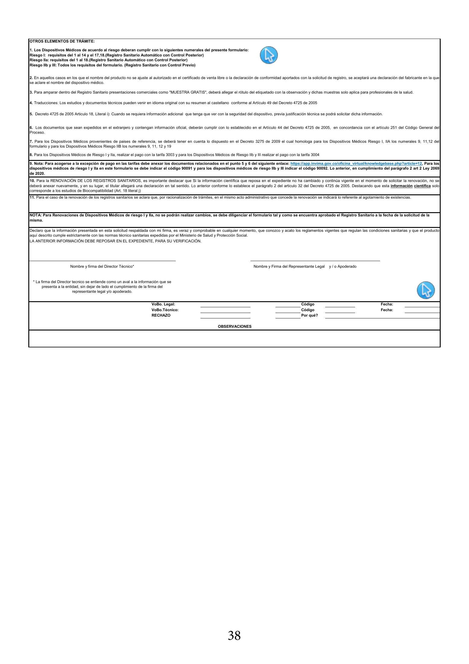INVIMA 2022 device form-completion booklet — original complete physical PDF page 38; original image governs.