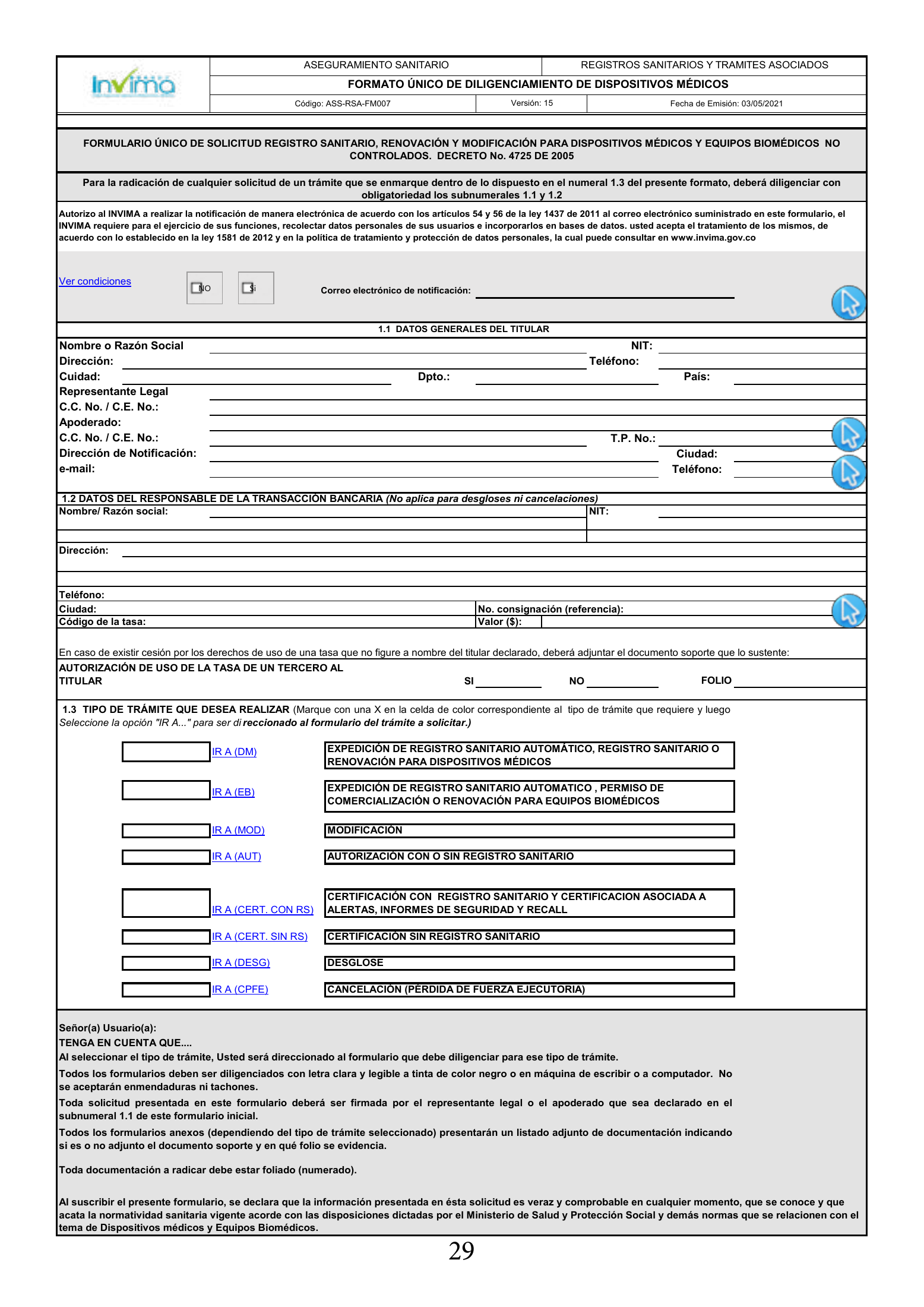 INVIMA 2022 device form-completion booklet — original complete physical PDF page 29; original image governs.
