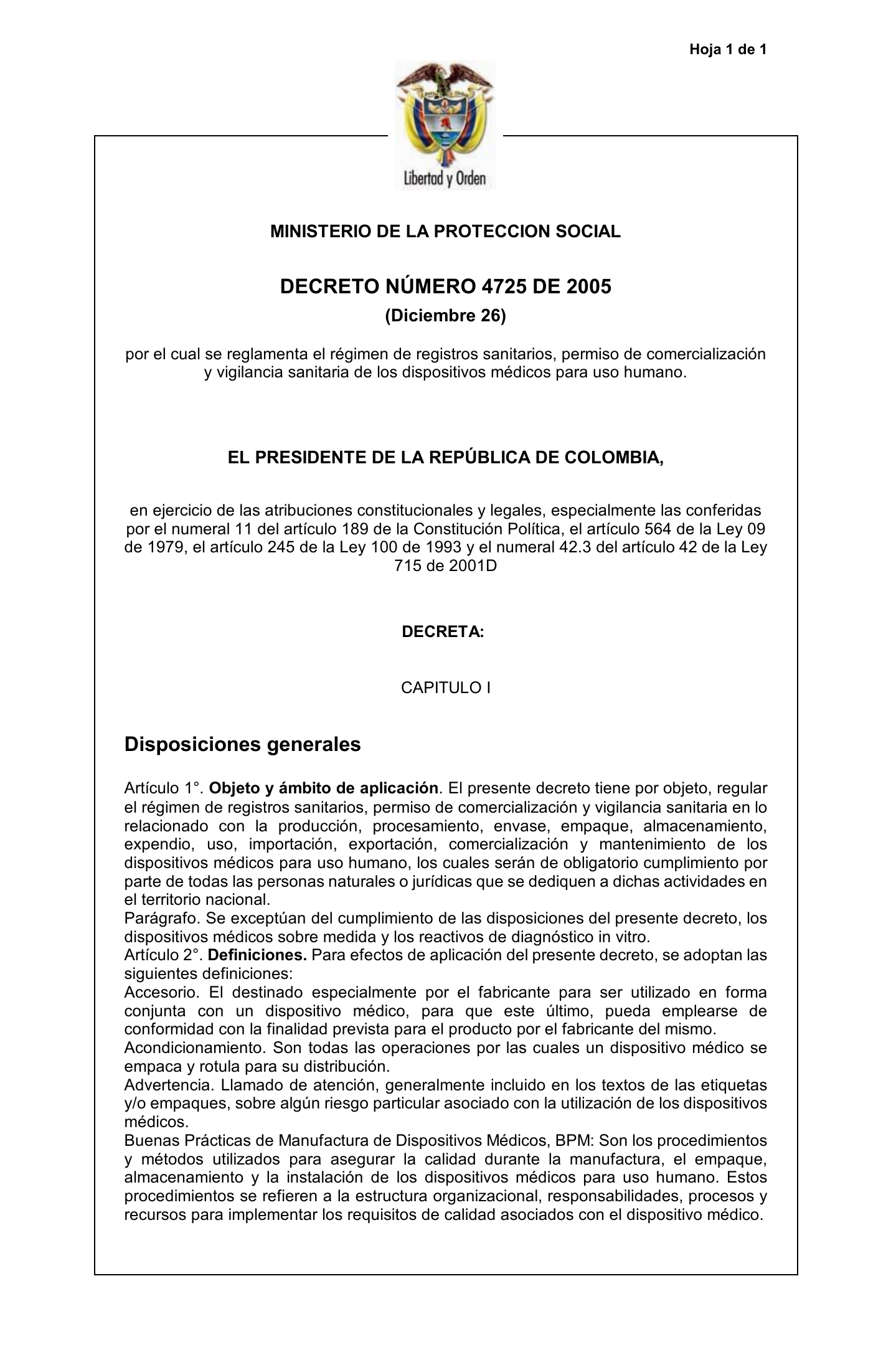 Decreto 4725/2005 — complete original expression — original complete physical PDF page 1; original image governs.
