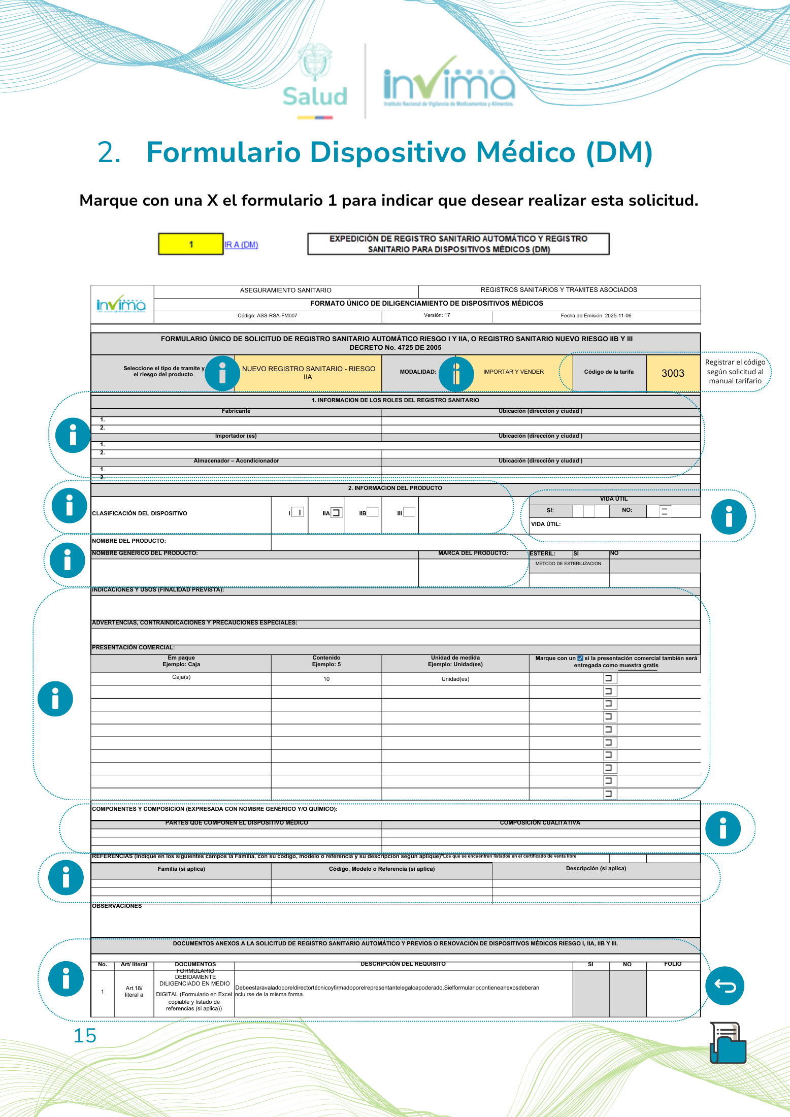 INVIMA device form-completion booklet (2025) — original complete physical PDF page 15; original image governs.
