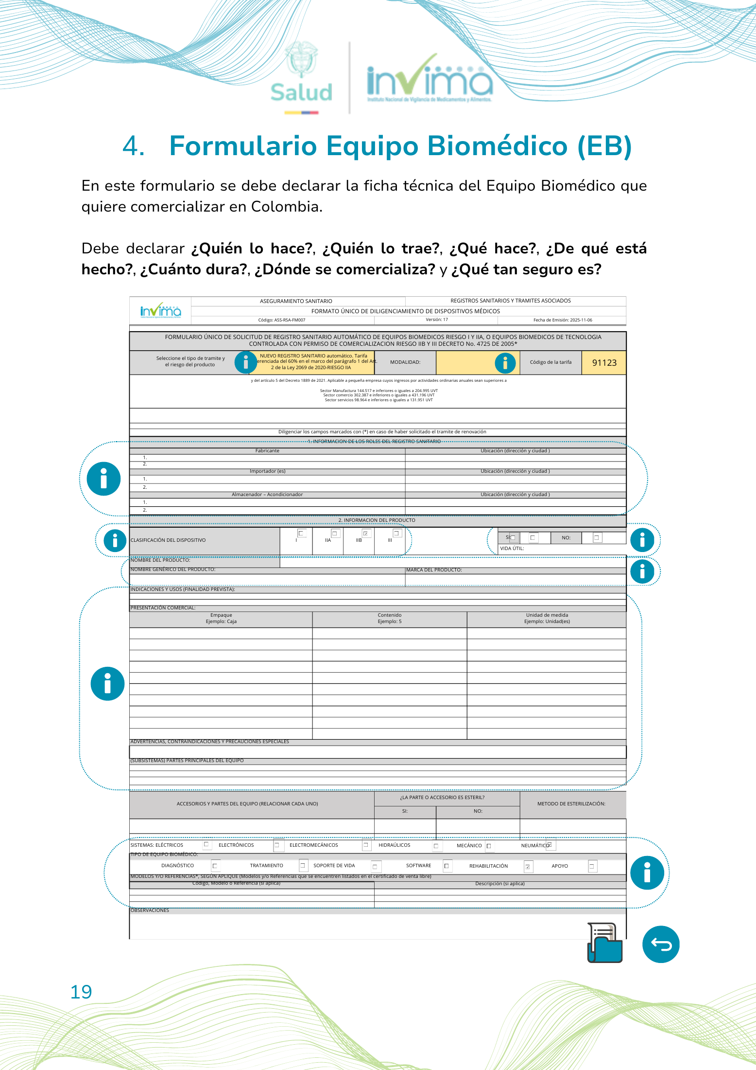 INVIMA device form-completion booklet (2025) — original complete physical PDF page 19; original image governs.