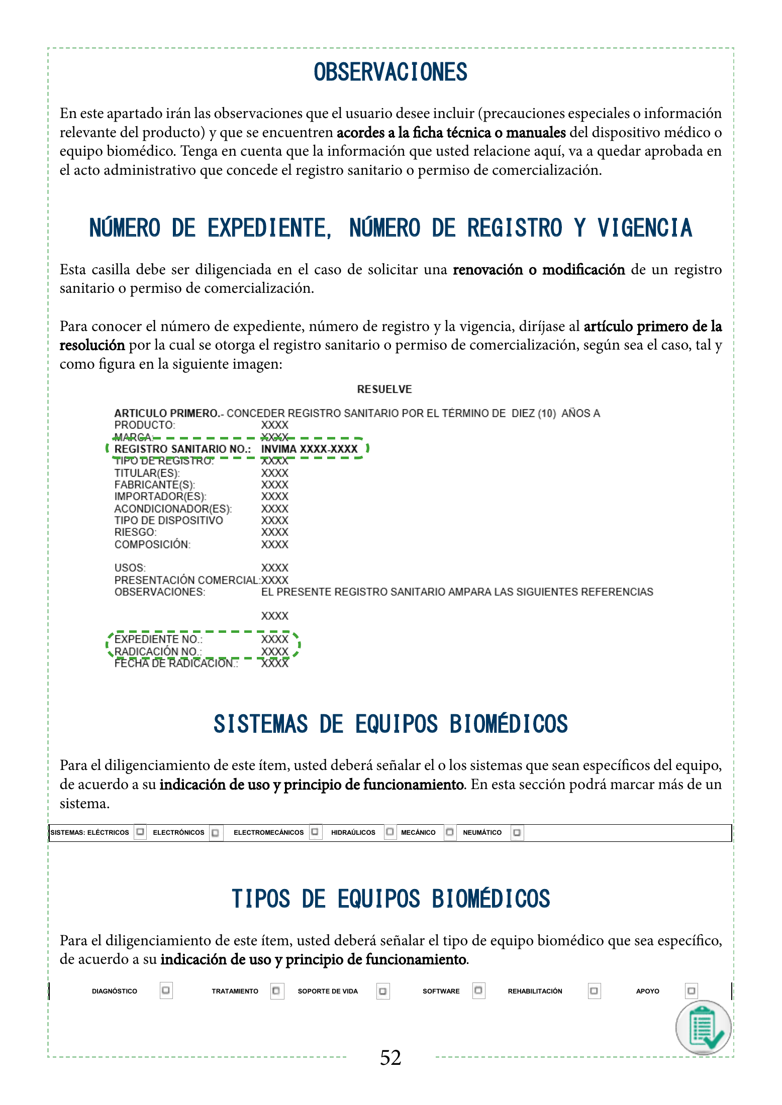 INVIMA 2022 device form-completion booklet — original complete physical PDF page 52; original image governs.