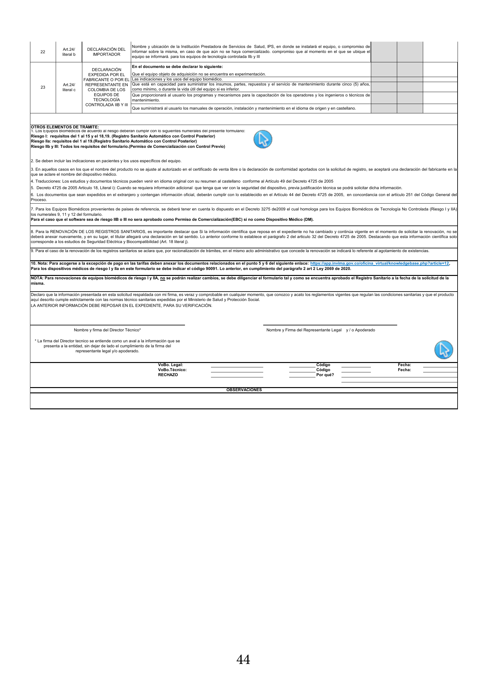 INVIMA 2022 device form-completion booklet — original complete physical PDF page 44; original image governs.