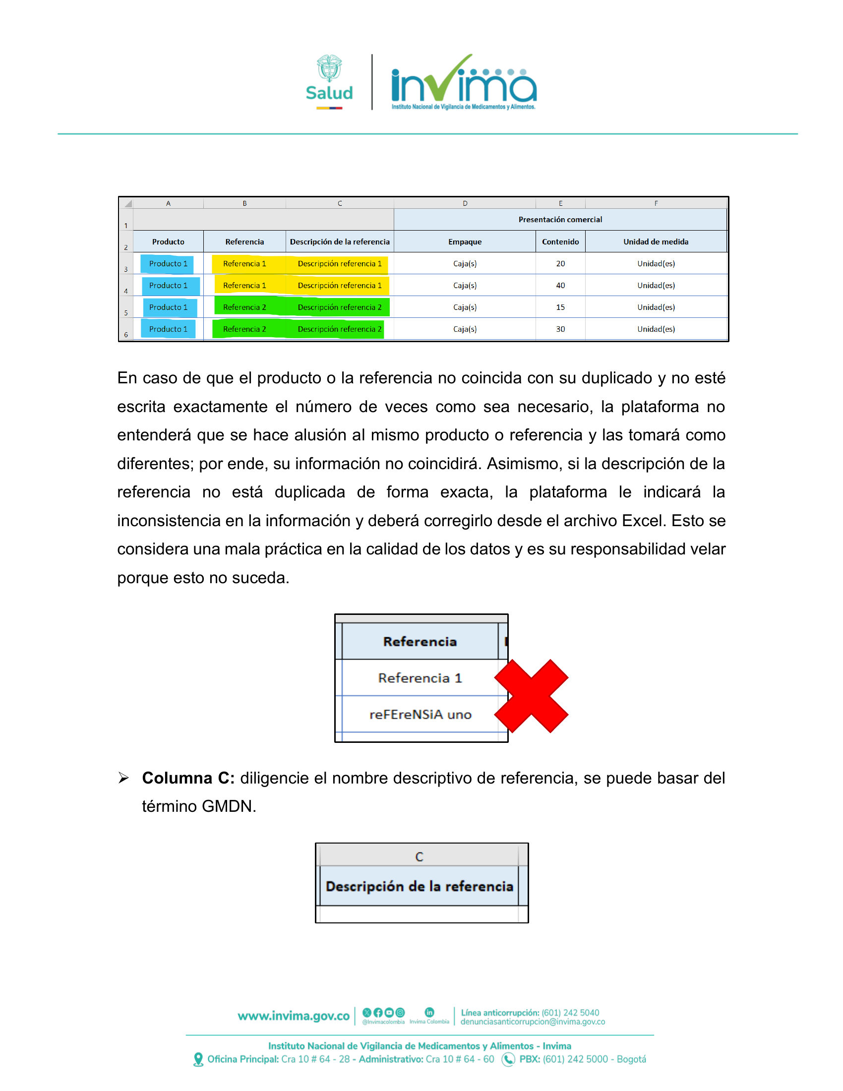 INVIMA semantic-standard reporting instructions V6 (July 2026) — original complete physical PDF page 35; original image governs.
