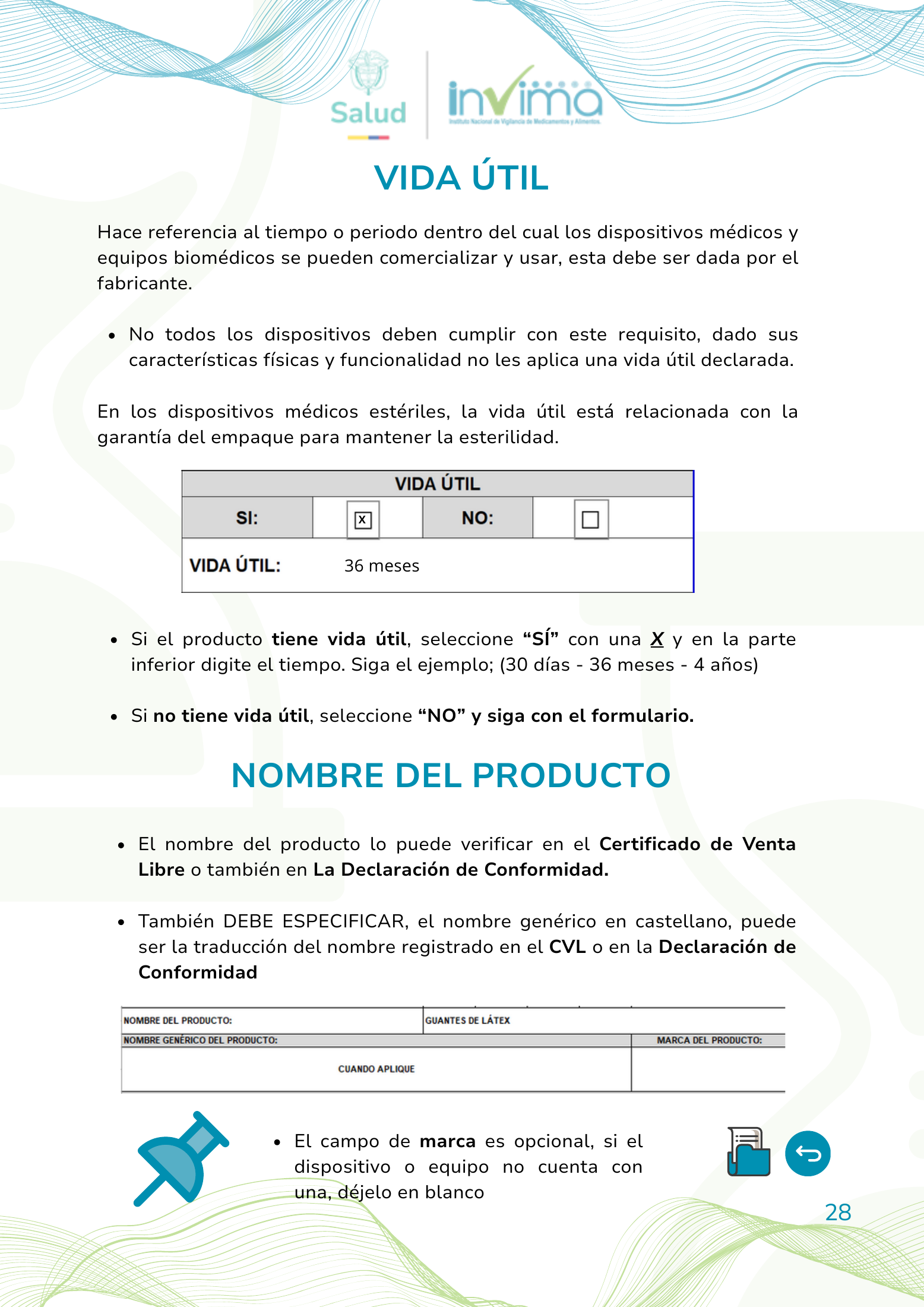 INVIMA device form-completion booklet (2025) — original complete physical PDF page 28; original image governs.