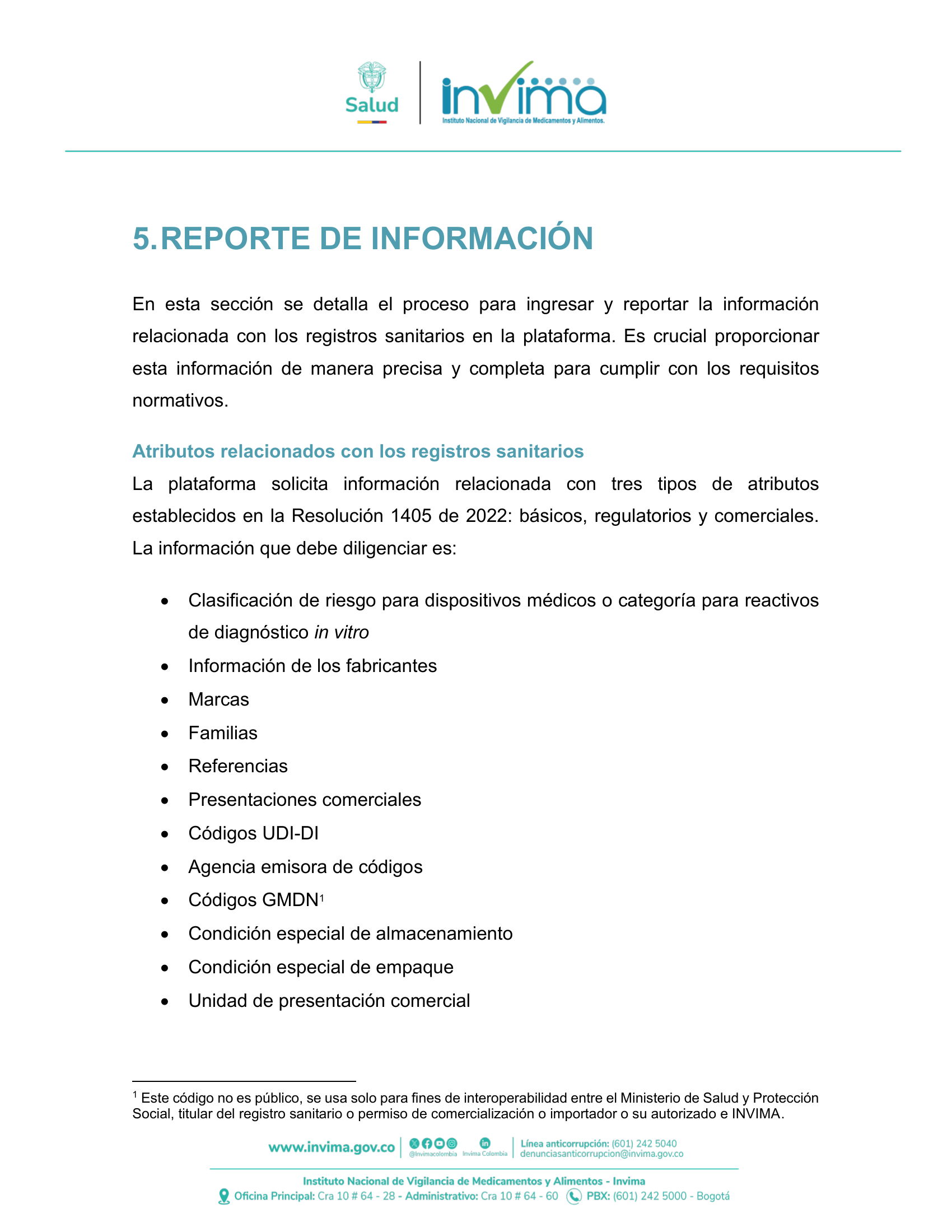 INVIMA semantic-standard reporting instructions V6 (July 2026) — original complete physical PDF page 22; original image governs.