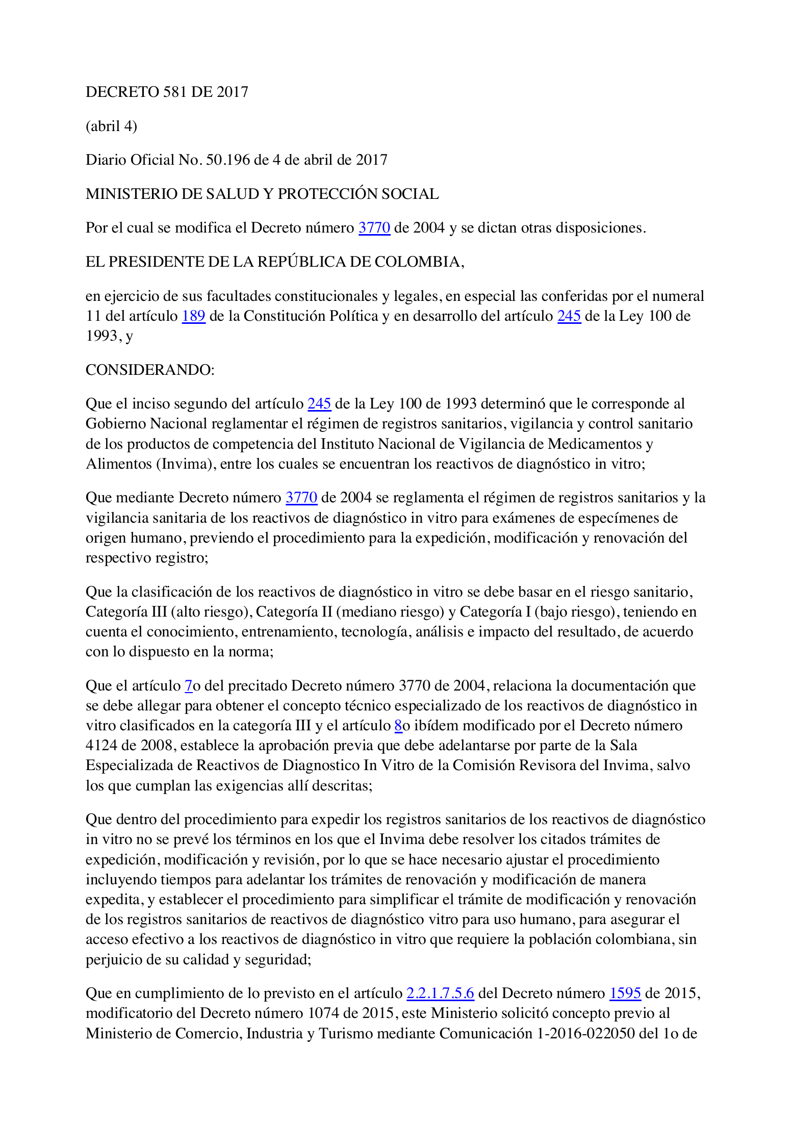 Decreto581/2017 — INVIMA compiled expression — original complete physical PDF page 1; original image governs.