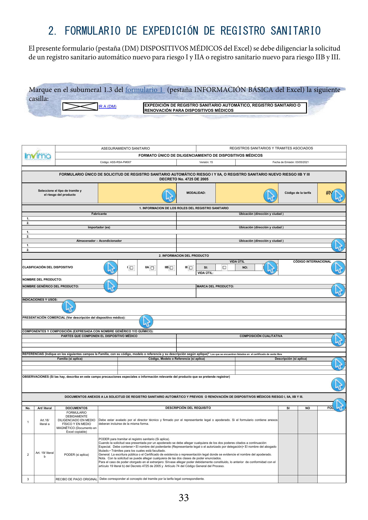 INVIMA 2022 device form-completion booklet — original complete physical PDF page 33; original image governs.
