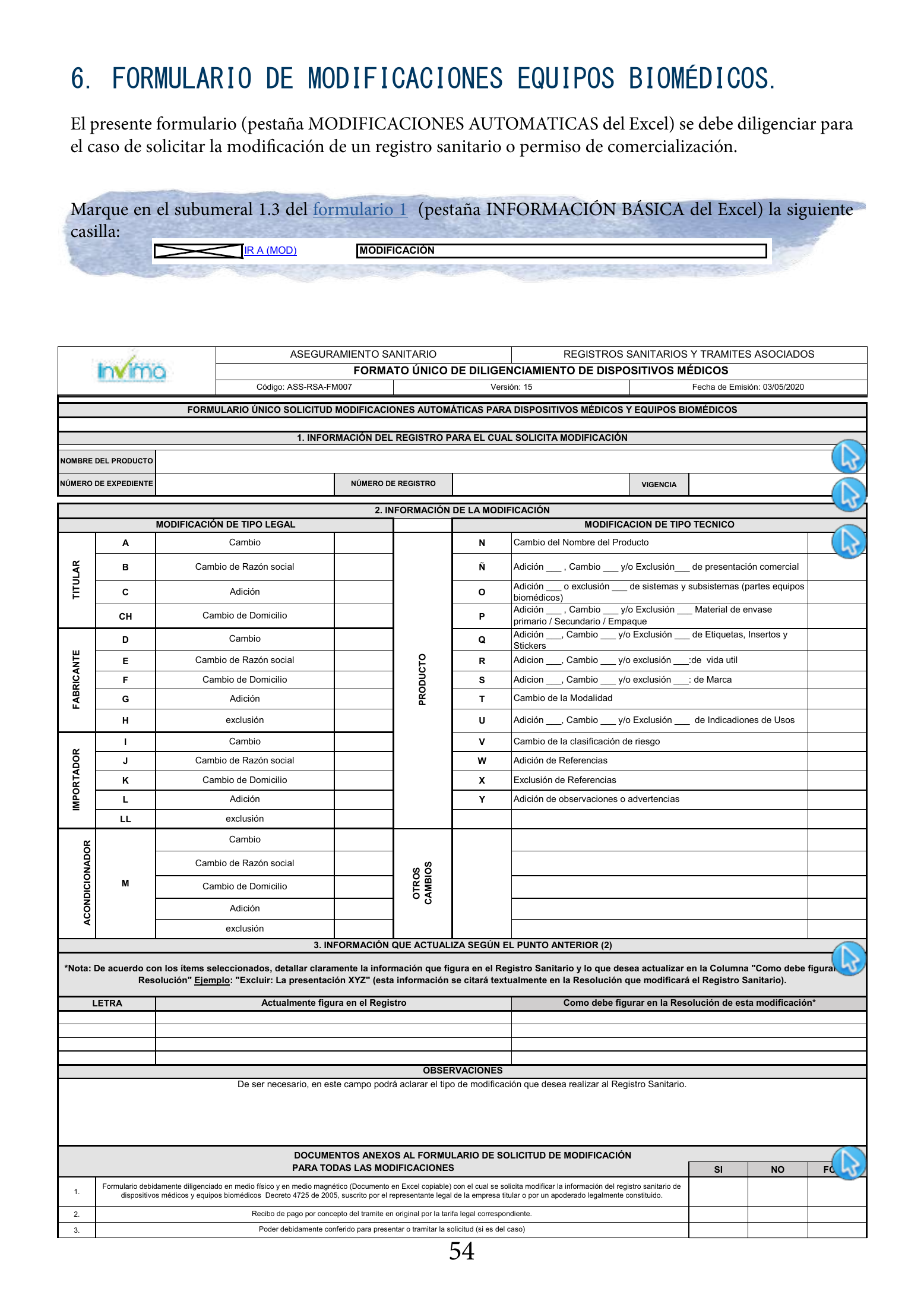 INVIMA 2022 device form-completion booklet — original complete physical PDF page 54; original image governs.