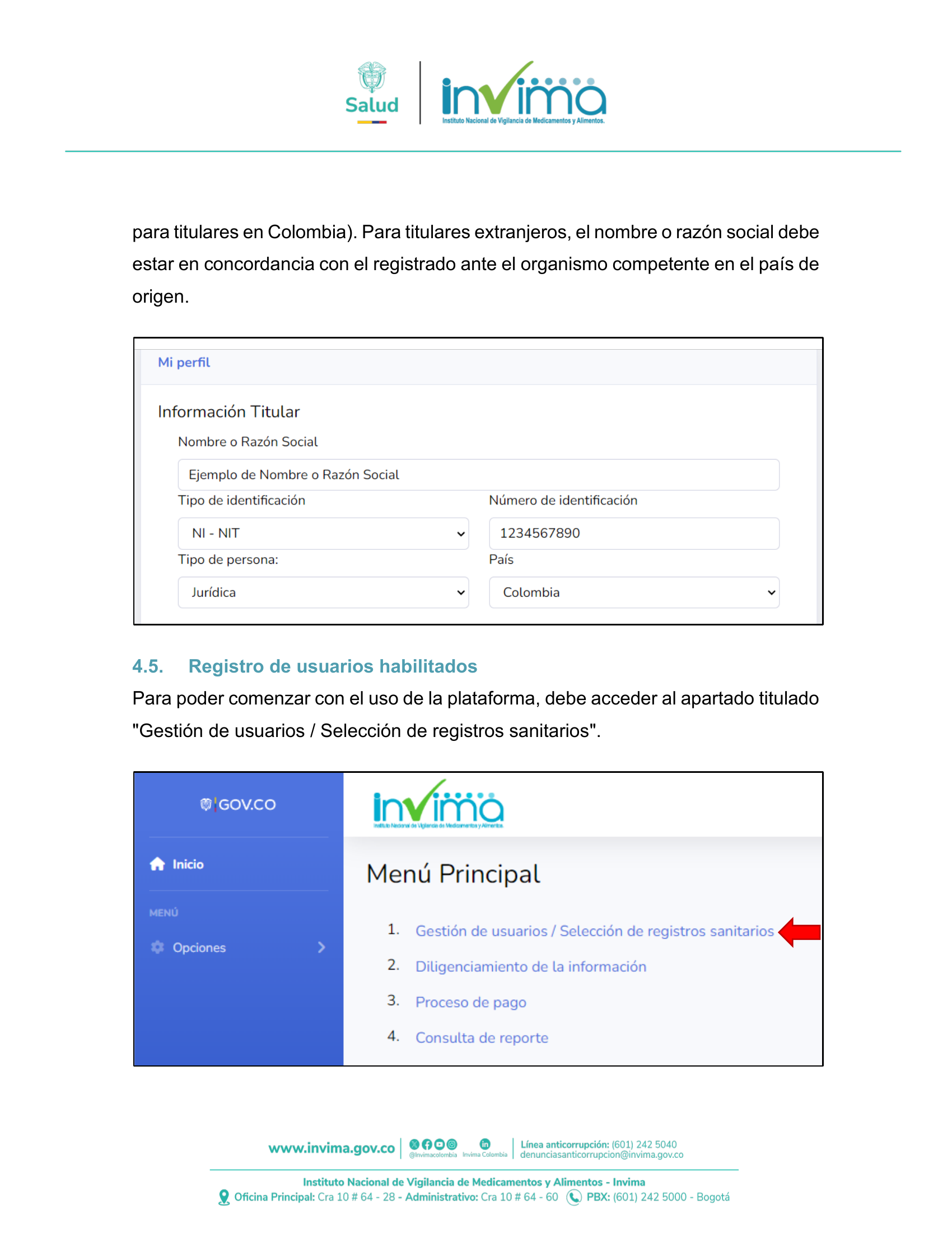 INVIMA semantic-standard reporting instructions V6 (July 2026) — original complete physical PDF page 15; original image governs.