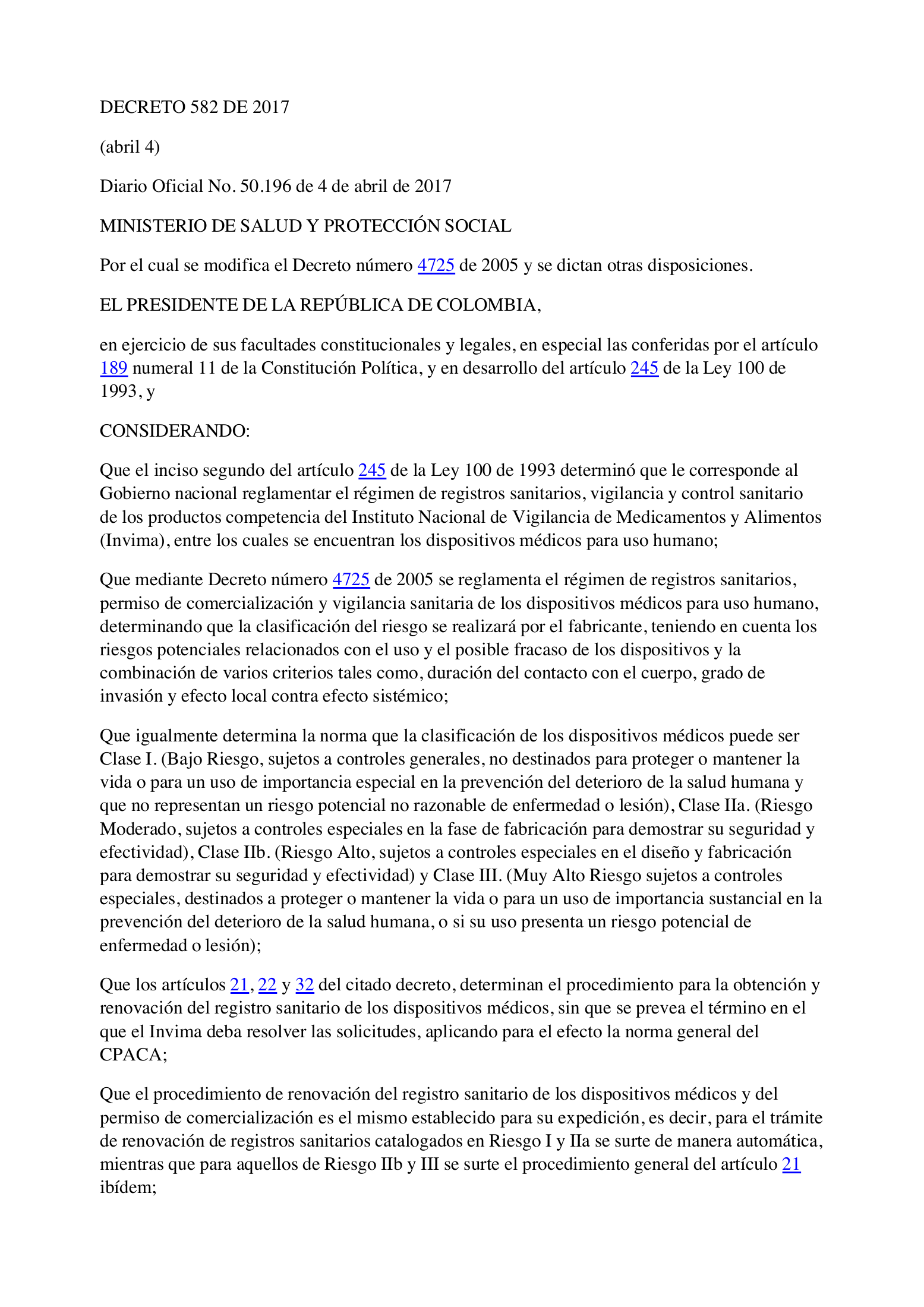 Decreto 582/2017 — INVIMA compiled expression (2021) — original complete physical PDF page 1; original image governs.