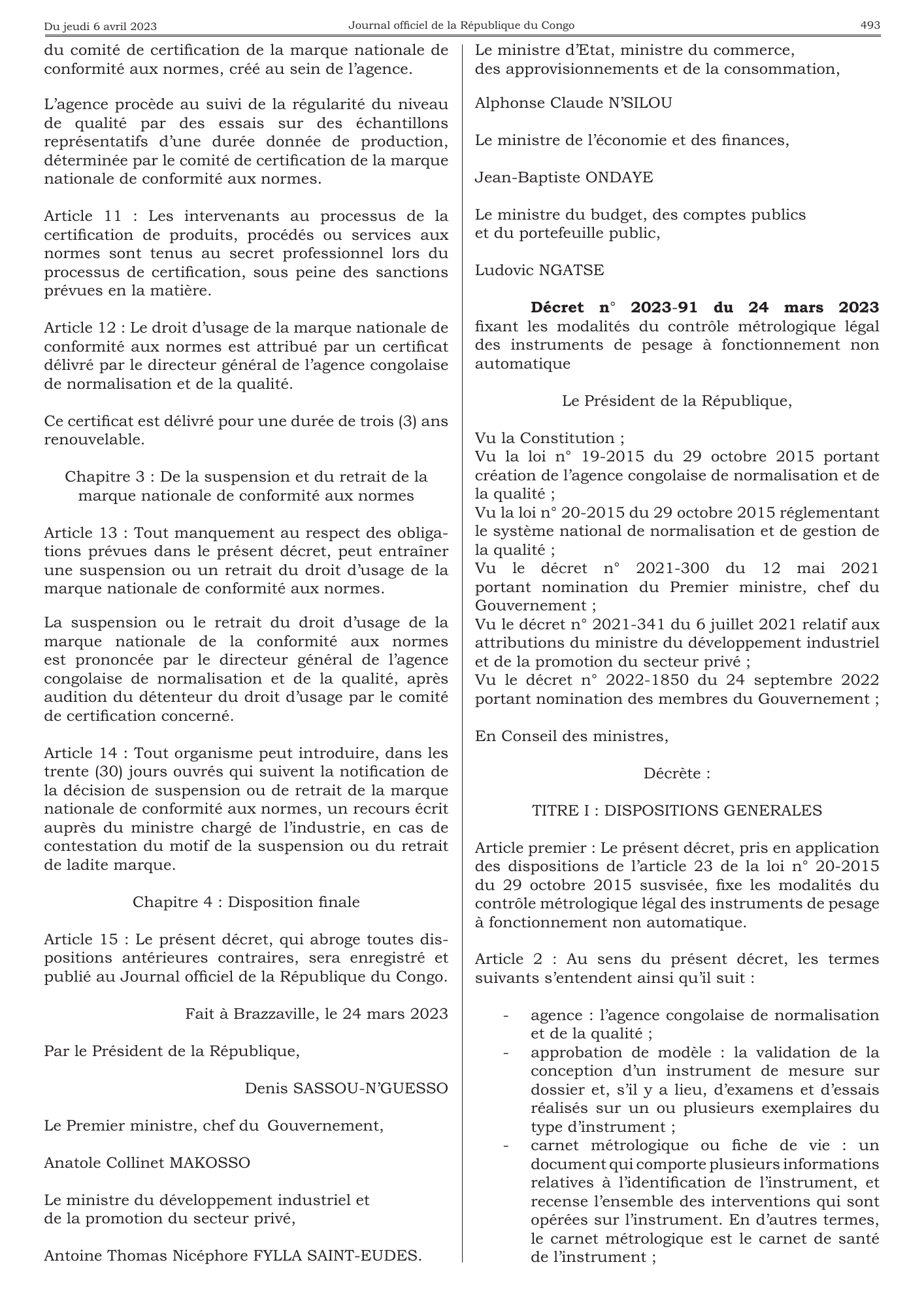 Décret n° 2023-90 du 24 mars 2023 — official PDF page 9; original table columns, symbols and diagram connections