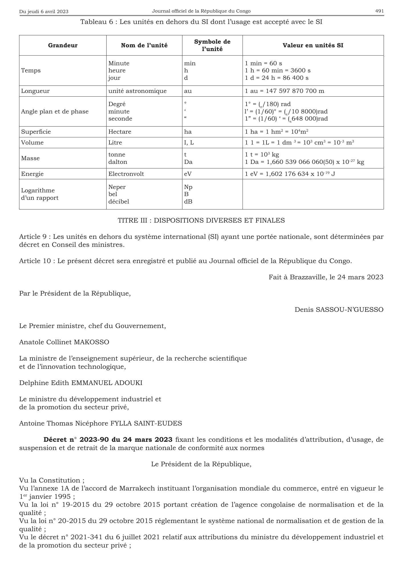 Décret n° 2023-90 du 24 mars 2023 — official PDF page 7; original table columns, symbols and diagram connections