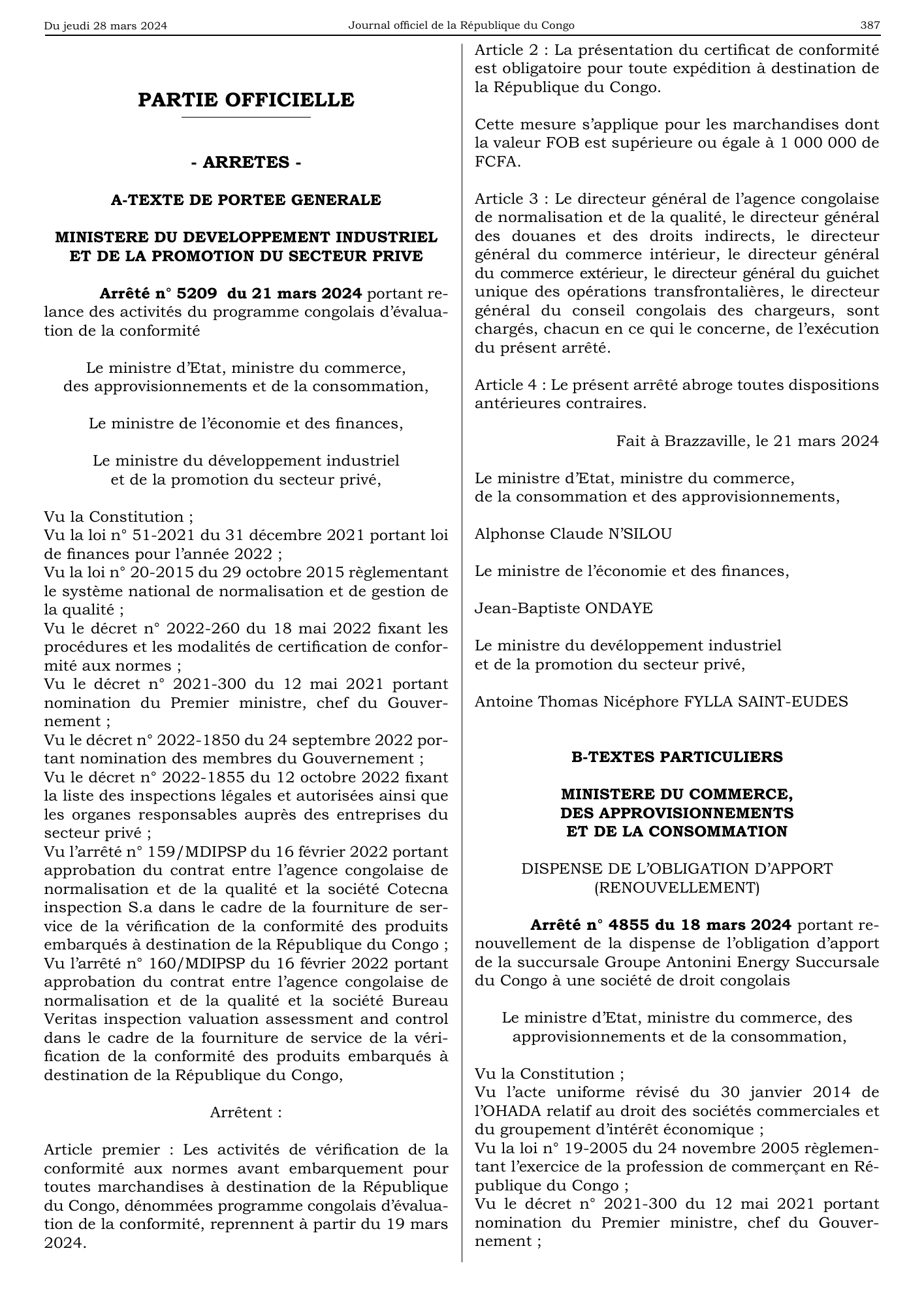 Arrêté n° 5209 du 21 mars 2024 — official PDF page 3; original table columns, symbols and diagram connections