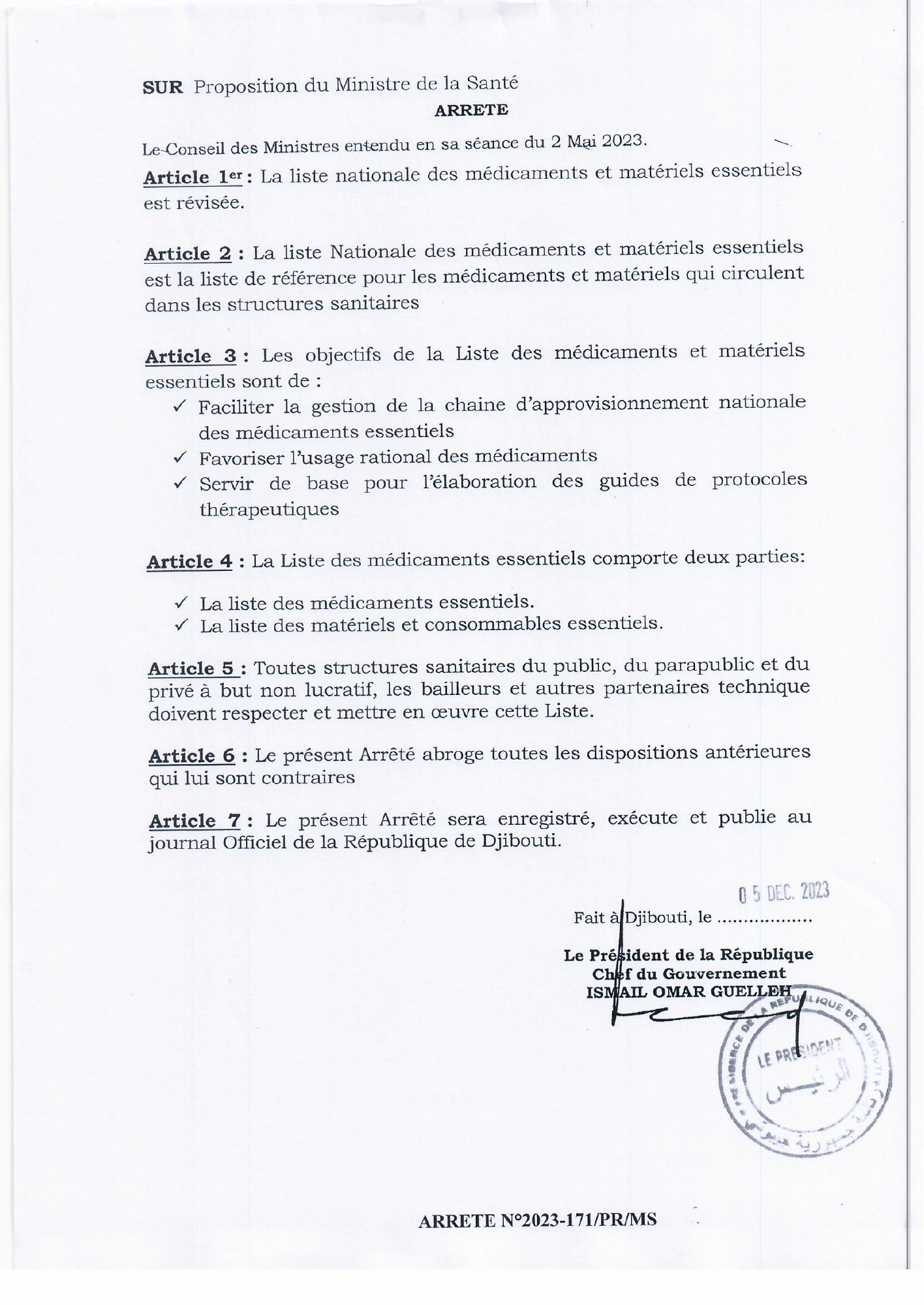 Arrêté n° 2023-171/PR/MS — official PDF page 2; original table columns, symbols and diagram connections