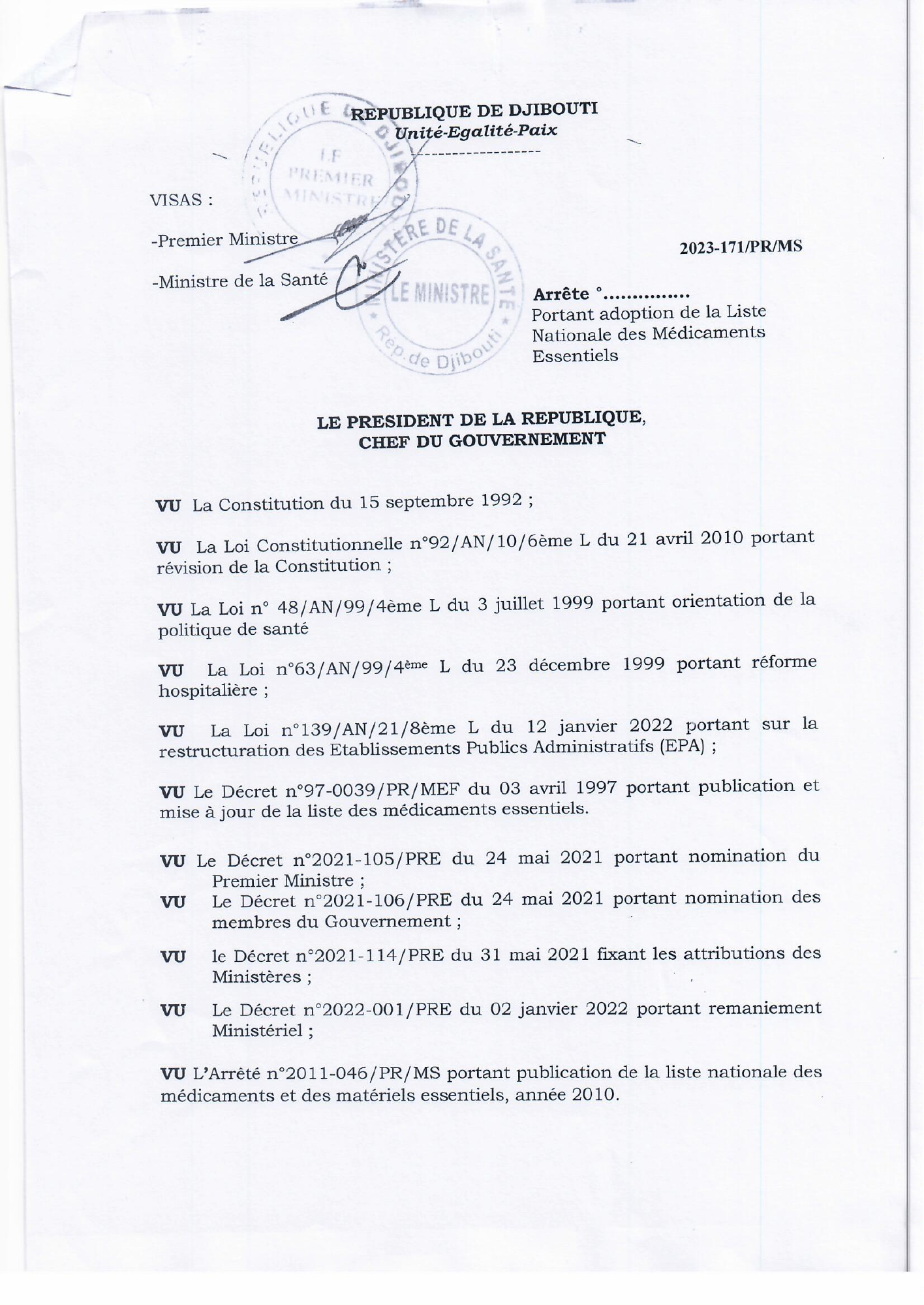 Arrêté n° 2023-171/PR/MS — official PDF page 1; original table columns, symbols and diagram connections