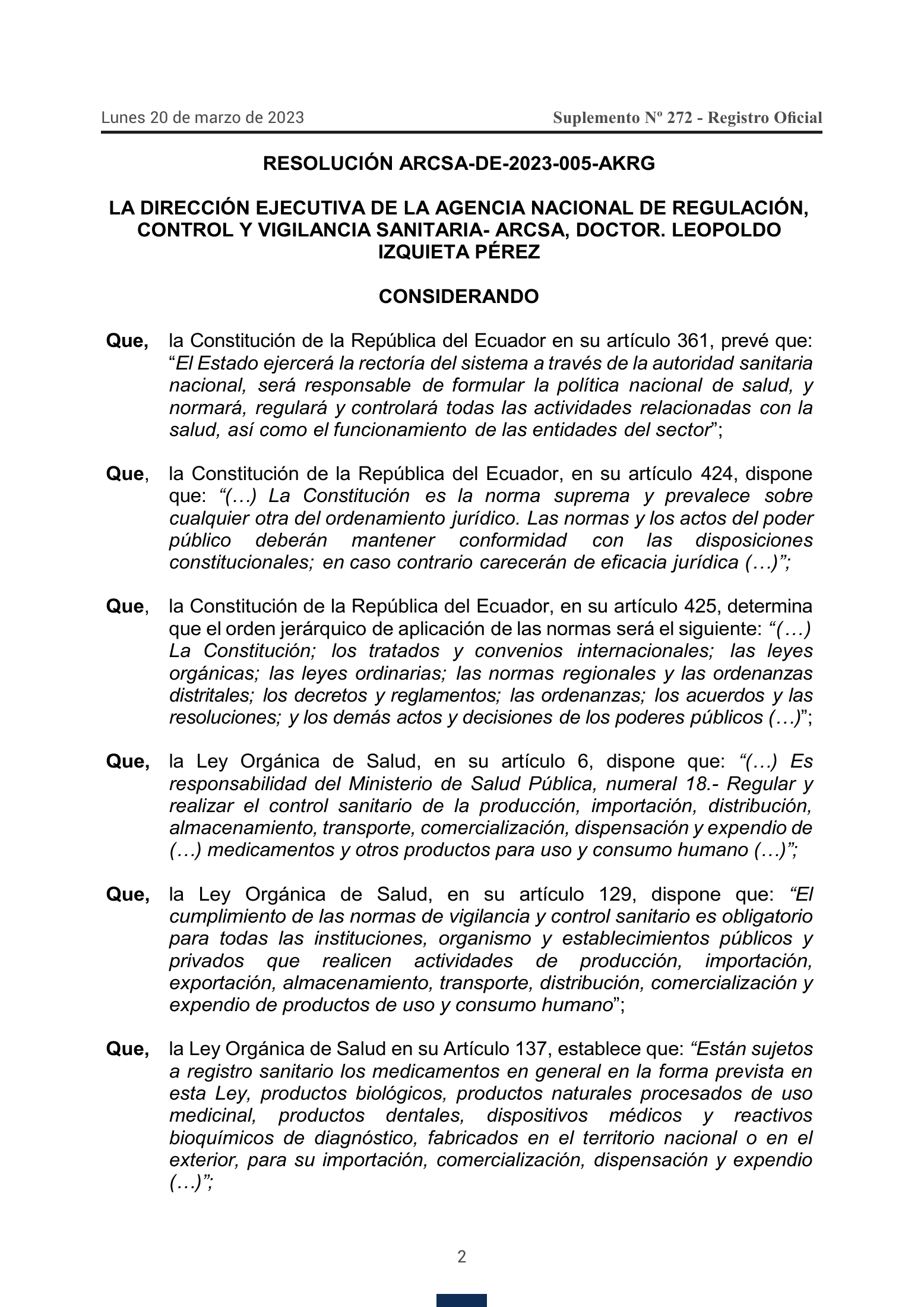 ARCSA-DE-2023-005-AKRG — official Gazette272 original — complete original official PDF page 2; source image governs.