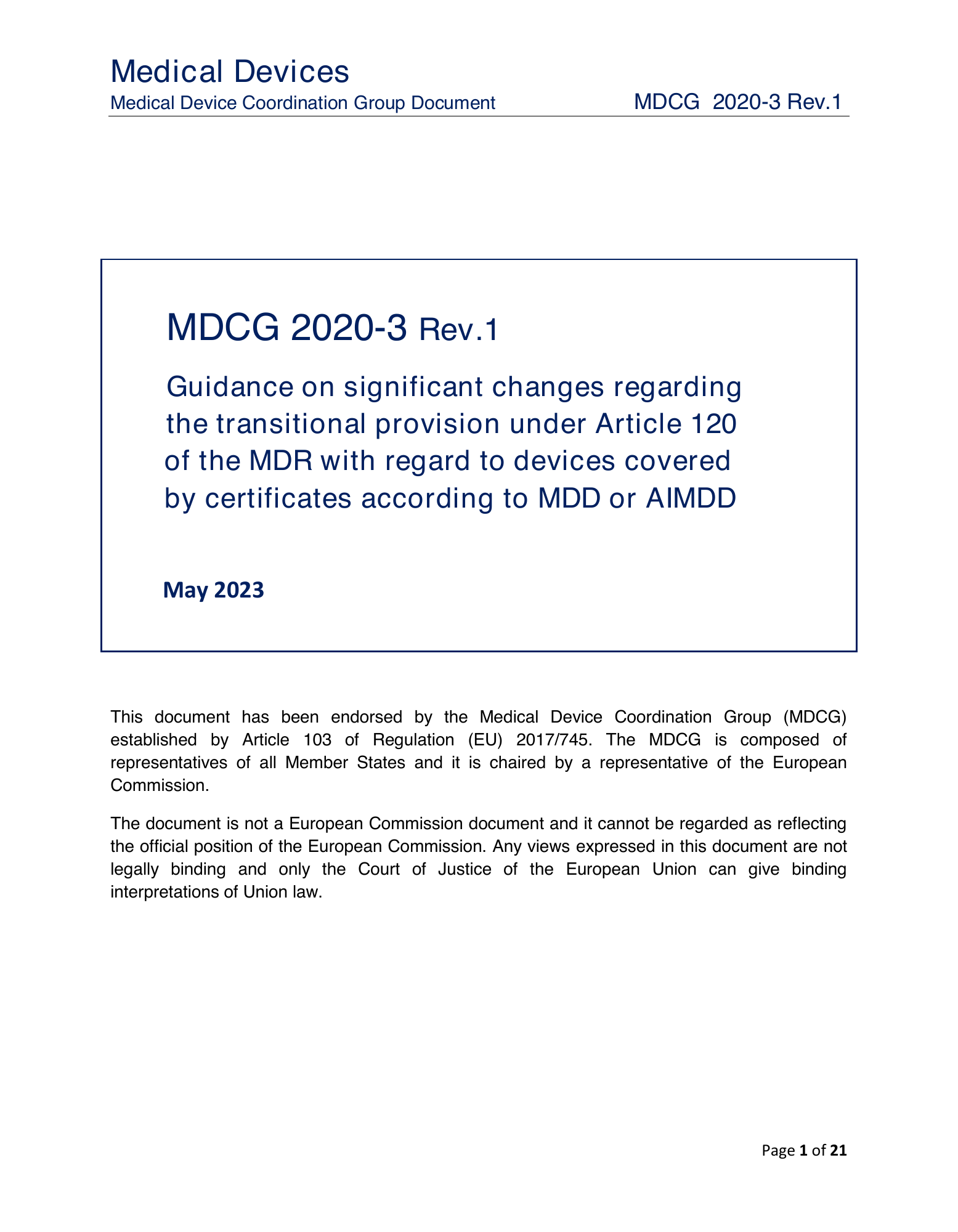 MDCG 2020-3 Rev.1 — original physical PDF page 1; complete page layout, tables, screenshots and footnotes retained.