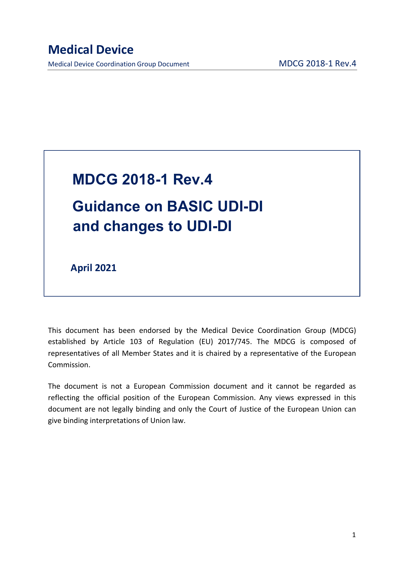 MDCG 2018-1 Rev.4 — original physical PDF page 1; complete page layout, tables, screenshots and footnotes retained.