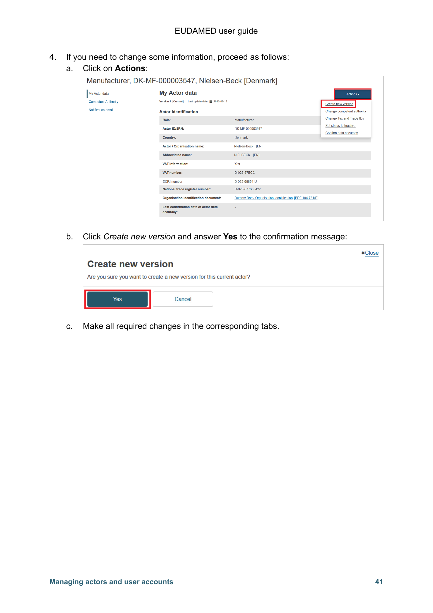 EUDAMED user guide — Production v2.27.0 (2026) — original physical PDF page 44; complete page layout, tables, screenshots and footnotes retained.