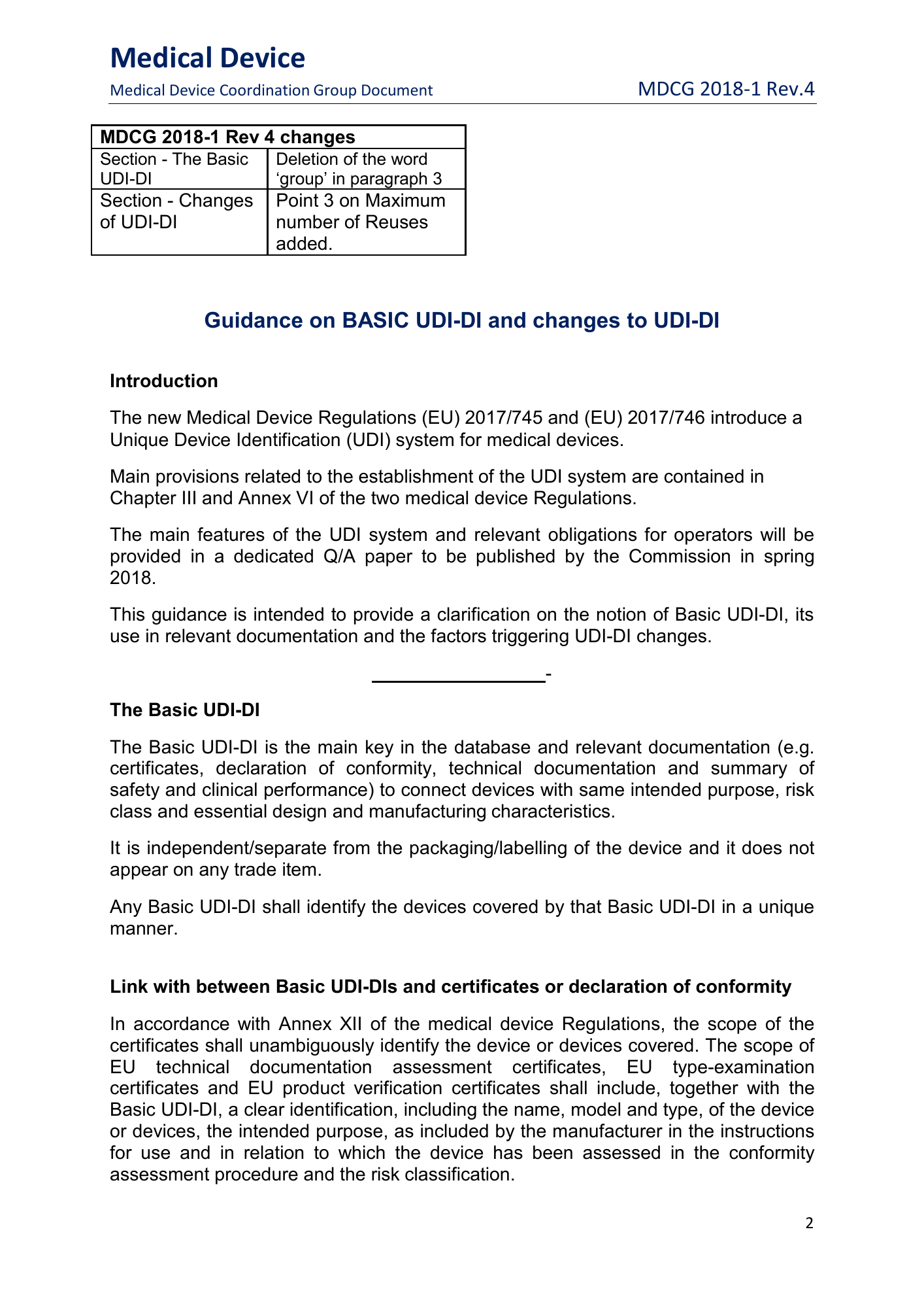 MDCG 2018-1 Rev.4 — original physical PDF page 2; complete page layout, tables, screenshots and footnotes retained.