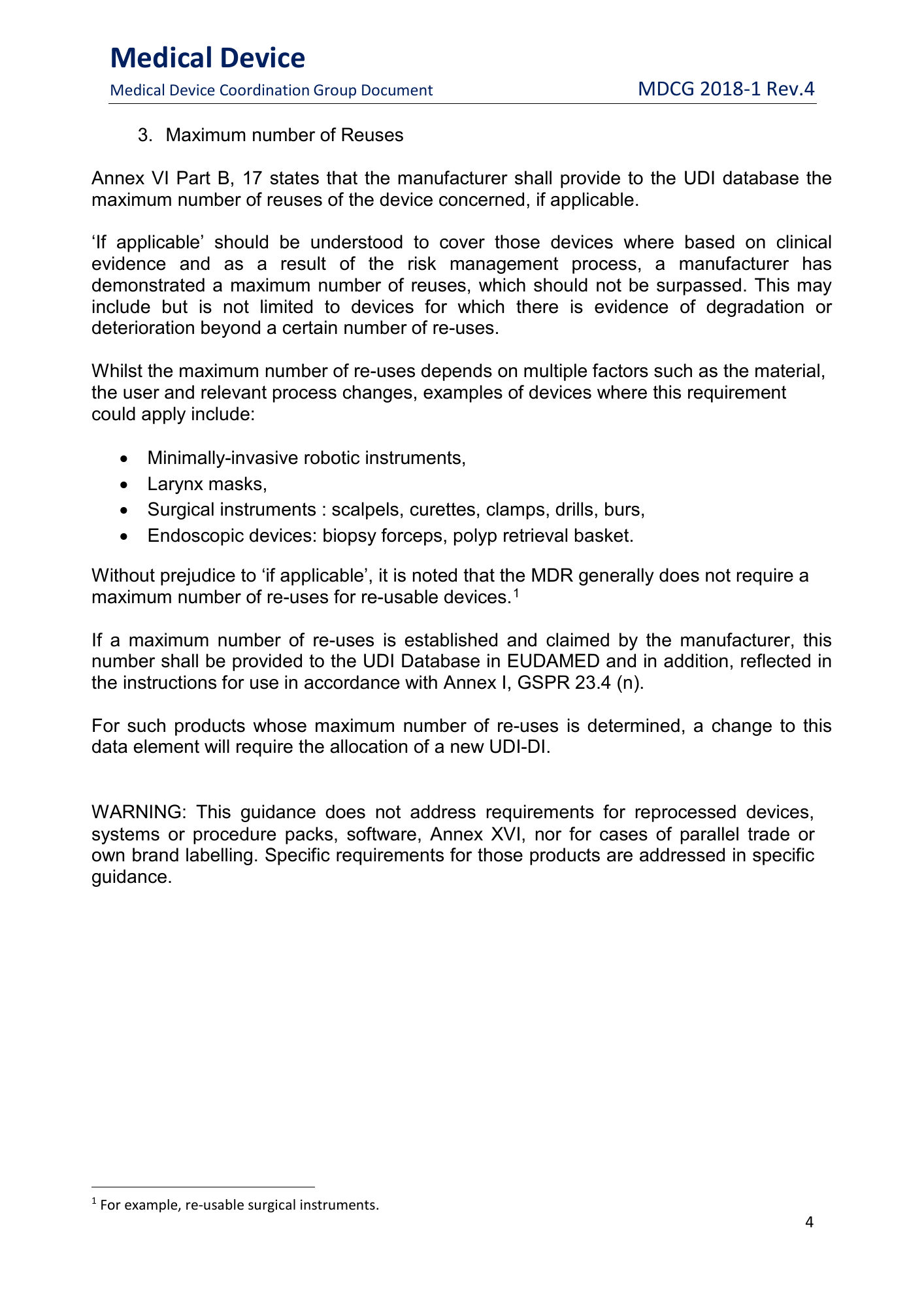MDCG 2018-1 Rev.4 — original physical PDF page 4; complete page layout, tables, screenshots and footnotes retained.